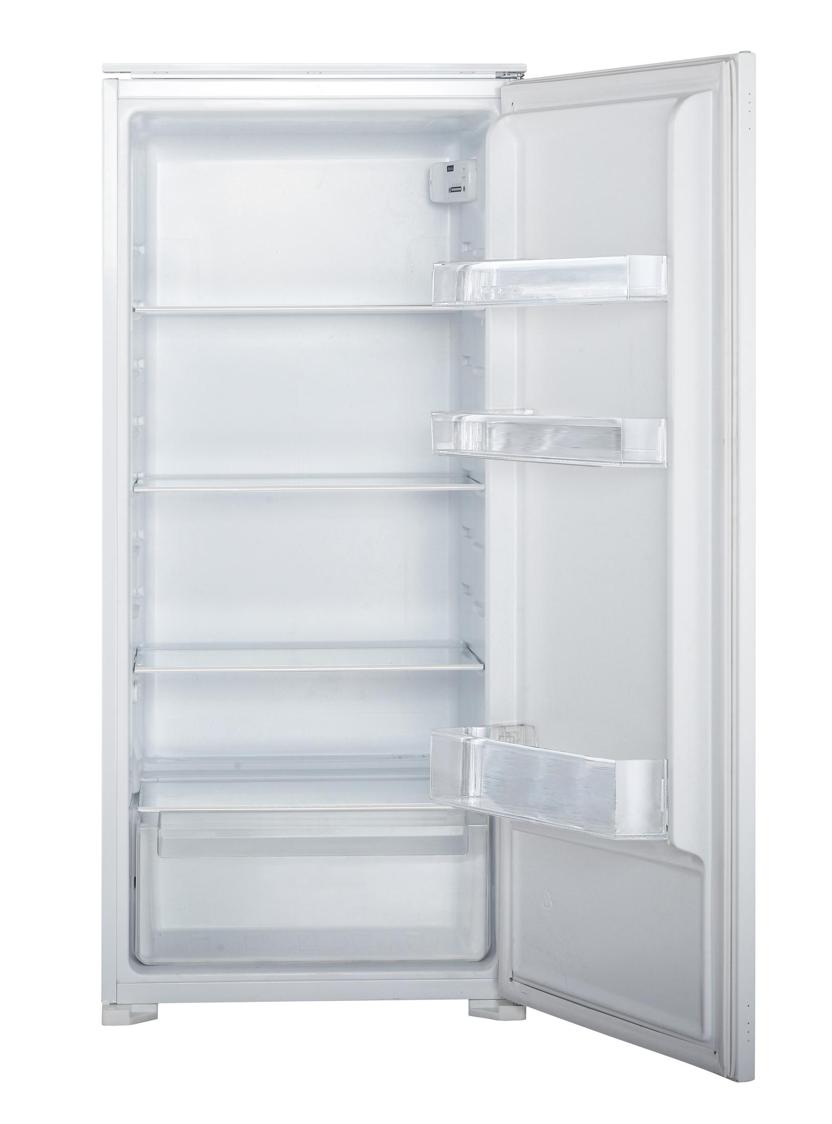 Leerer weißer Kühlschrank mit Regalen. Geöffnete Tür. Weißer Hintergrund.