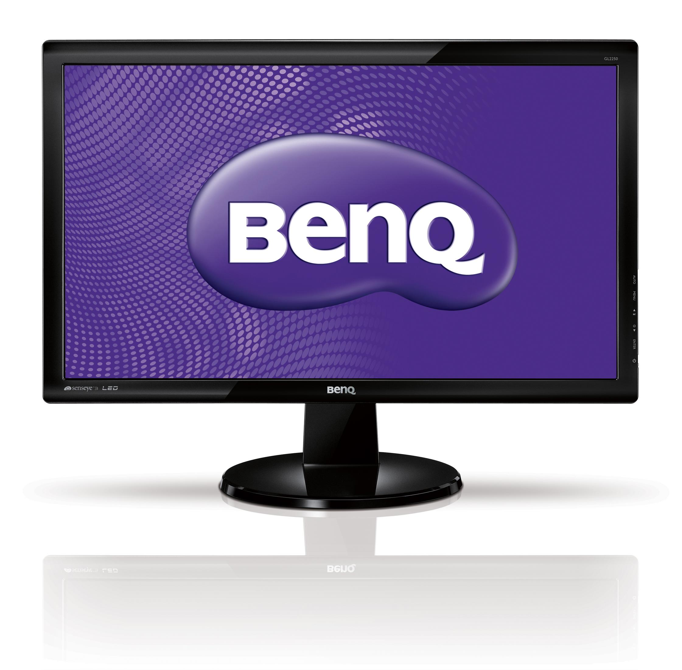 Monitor BenQ nero con schermo viola e logo bianco, su una superficie bianca.