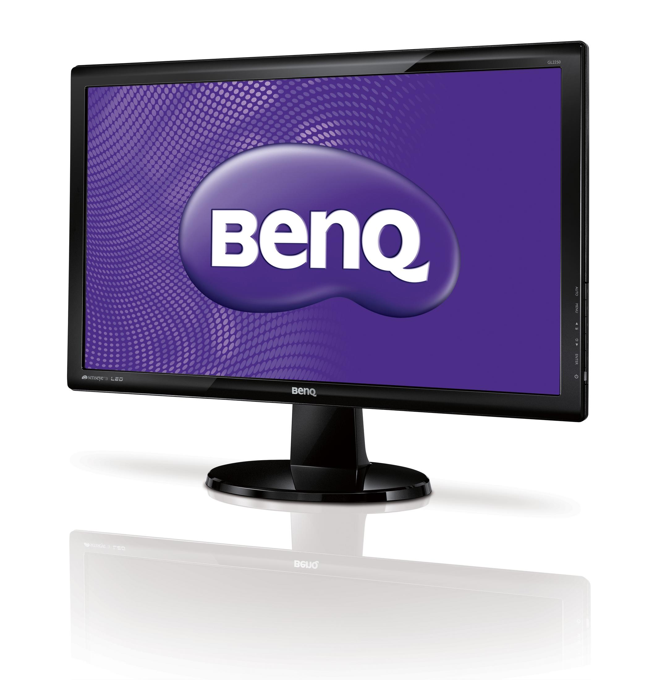 Monitor BenQ nero con schermo viola e logo bianco. Il monitor ha una base nera.