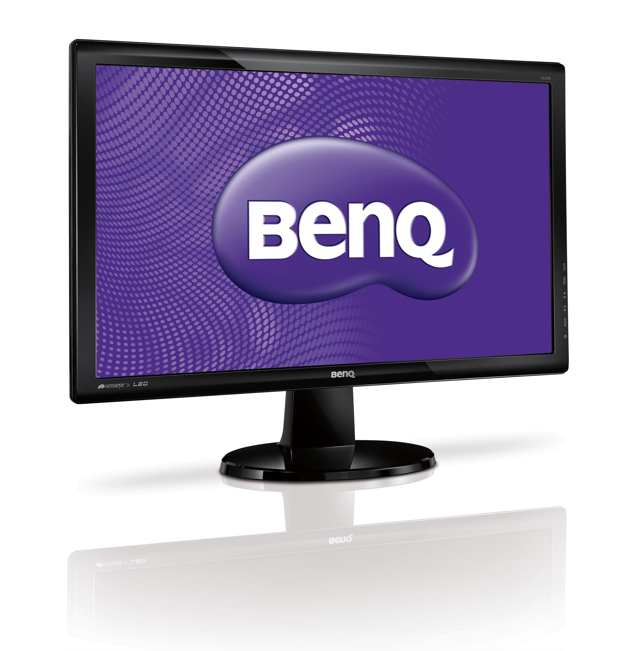 Monitor BenQ nero con motivo a pois viola e logo bianco. Base nera.
