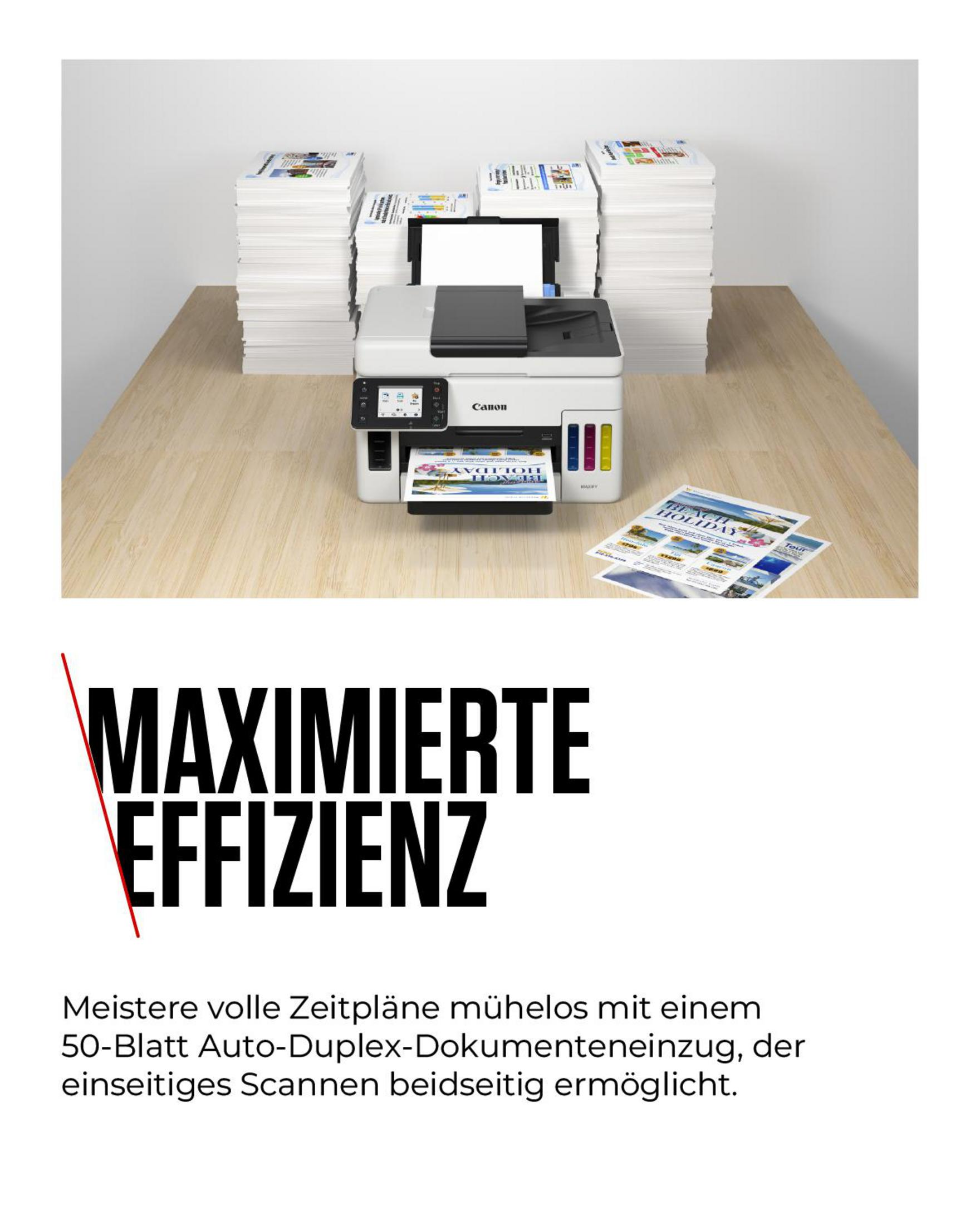 Drukarka na drewnianej powierzchni z wydrukowanymi dokumentami, z tekstem poniżej.