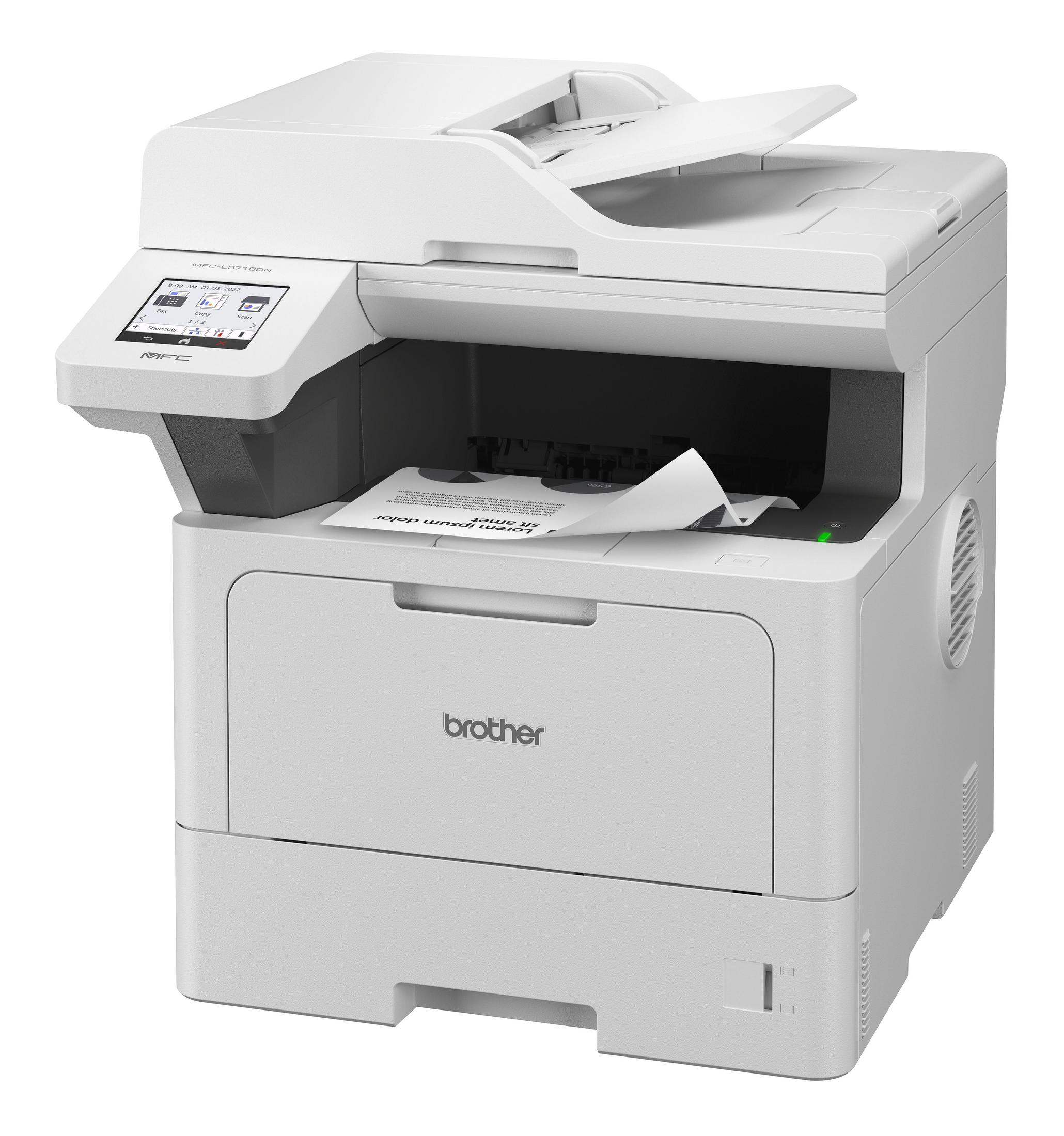 Biała drukarka wielofunkcyjna. Papier wychodzi z drukarki.