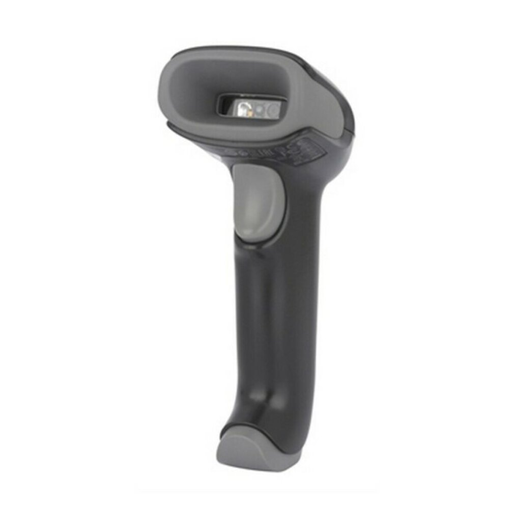 Uno scanner di codici a barre nero e grigio. Ha un pulsante di attivazione e una finestra di scansione.