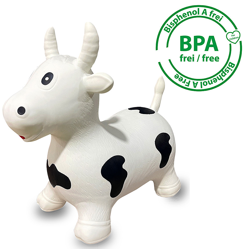 Un giocattolo gonfiabile a forma di mucca bianca. Ha macchie nere e corna. Etichetta senza BPA a destra.