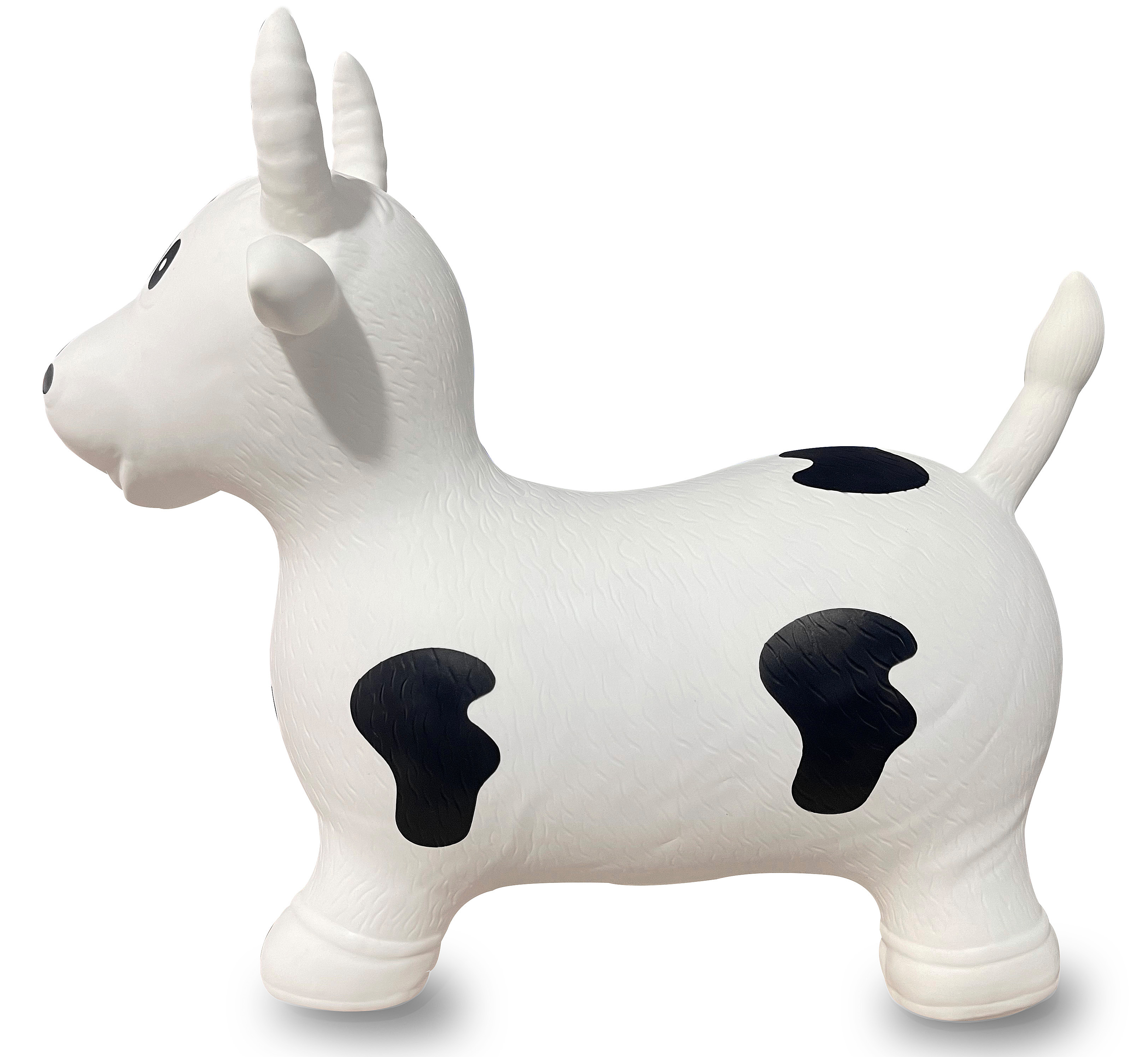 Un giocattolo gonfiabile a forma di mucca bianca di profilo. Ha macchie nere e una piccola bocca rossa. Pronto a saltare.