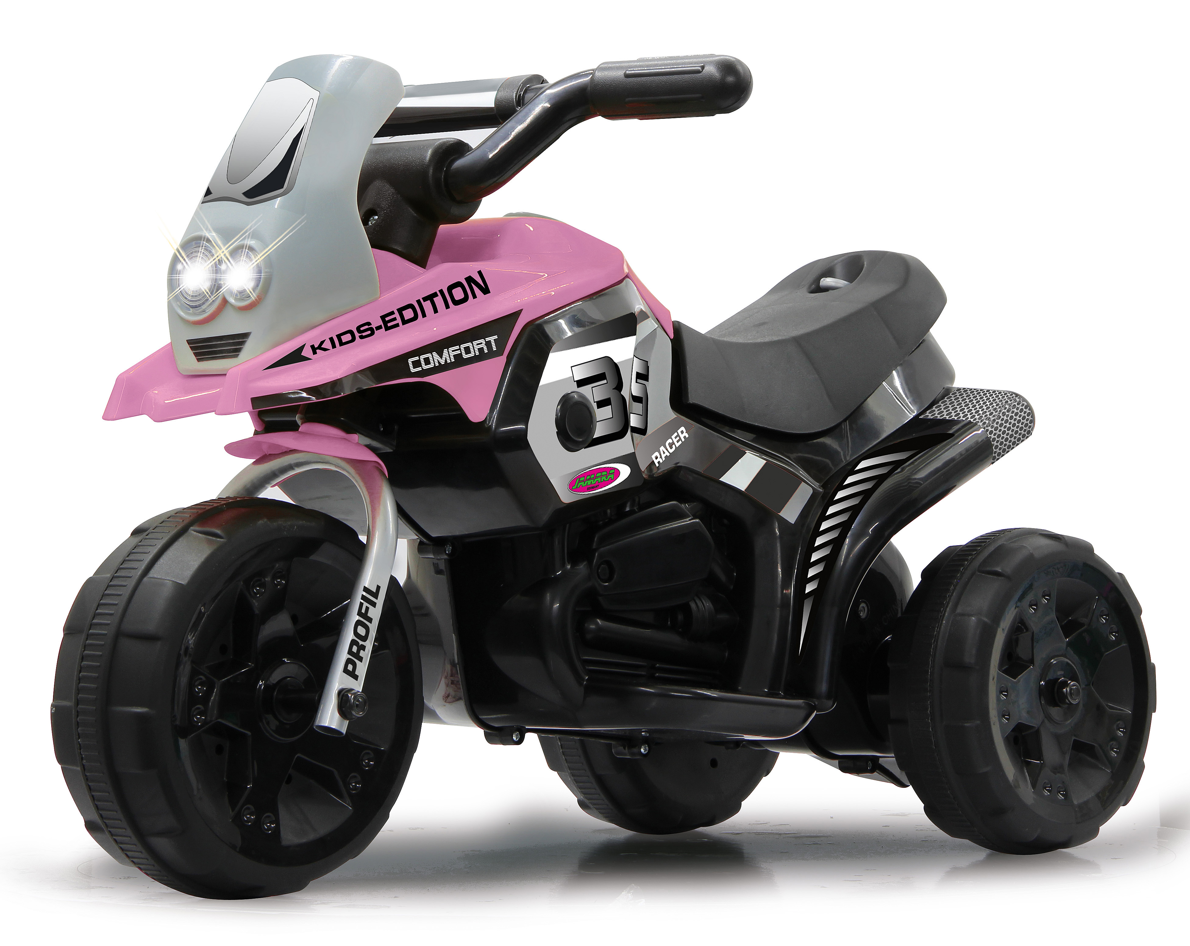 Rosa-schwarzes Spielzeugmotorrad mit drei Rädern. Mit Scheinwerfern und der Aufschrift 'KIDS-EDITION'.