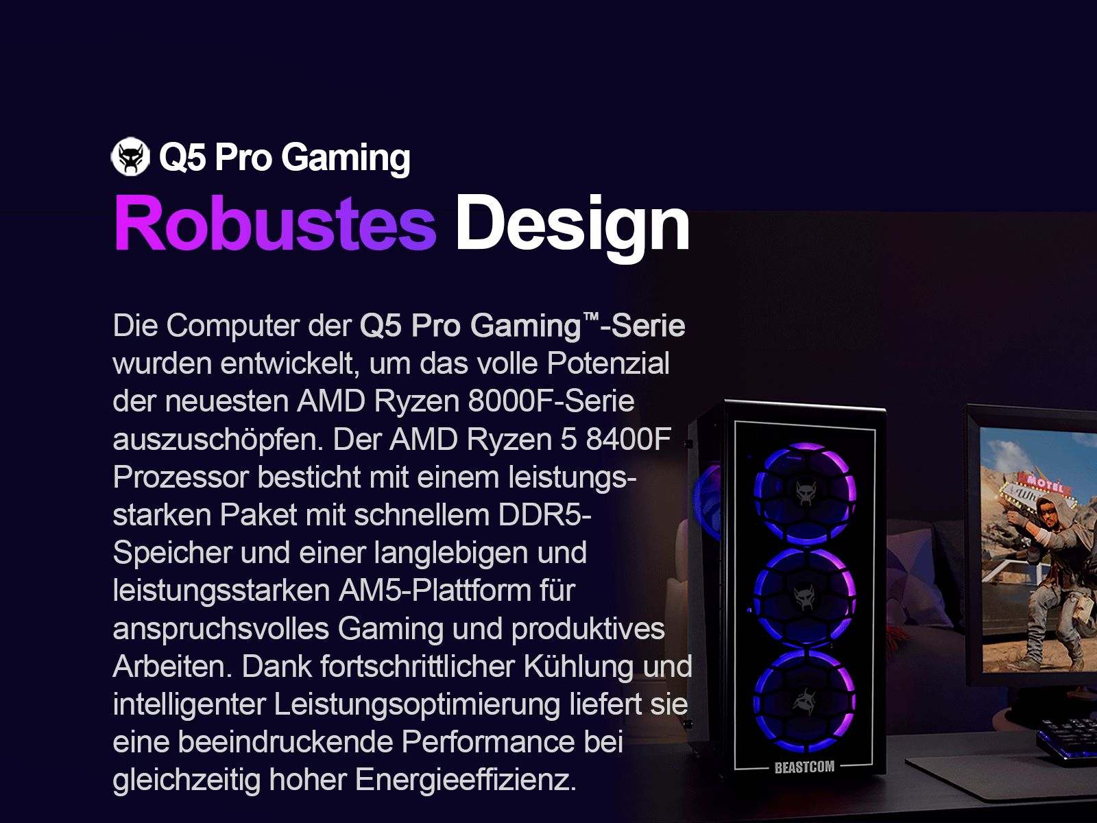 Ein Computer-Setup mit Text-Overlay. Es bewirbt 'Q5 Pro Gaming' und 'Robustes Design'.