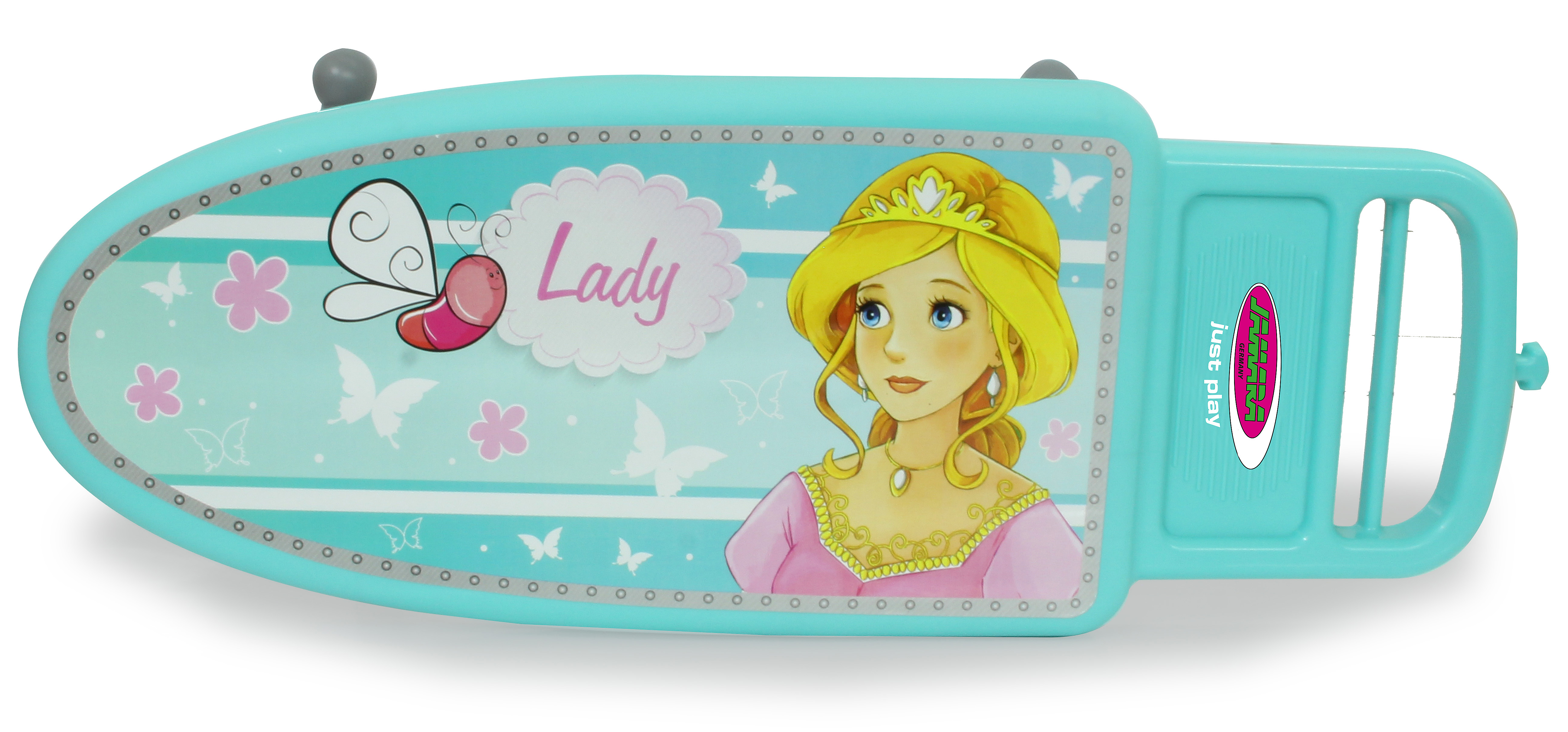 Ein türkisfarbenes Spielzeug-Bügelbrett mit einem Cartoon-Prinzessinnen-Design. Enthält Schmetterlinge und Blumen.