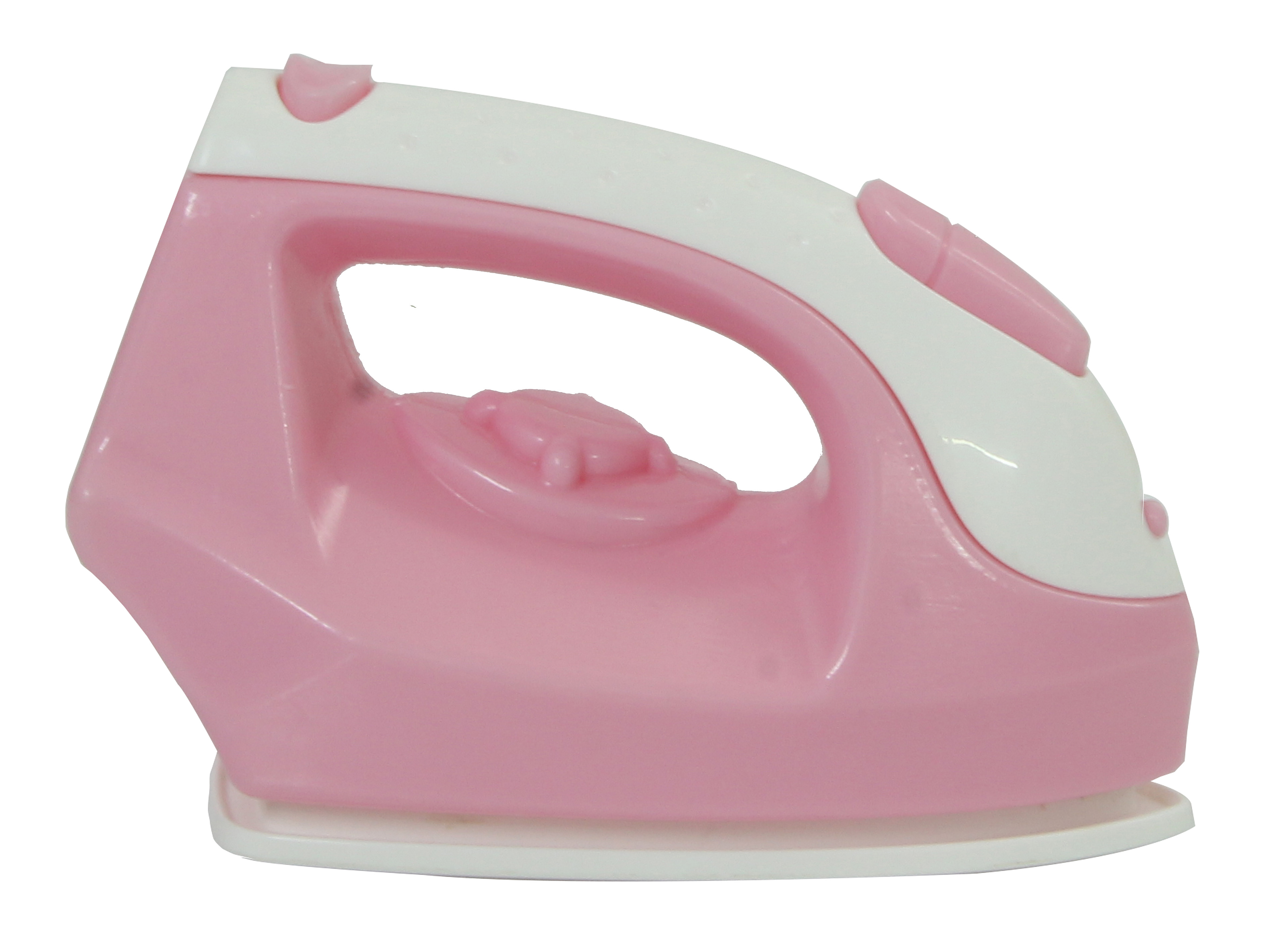 Ein rosa-weißes Spielzeugeisen. Es hat einen Griff und eine gebogene Basis.