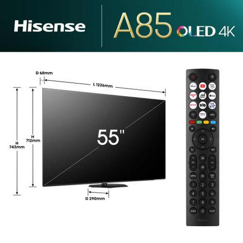 Un TV Hisense 55" OLED 4K con dimensioni e un telecomando.