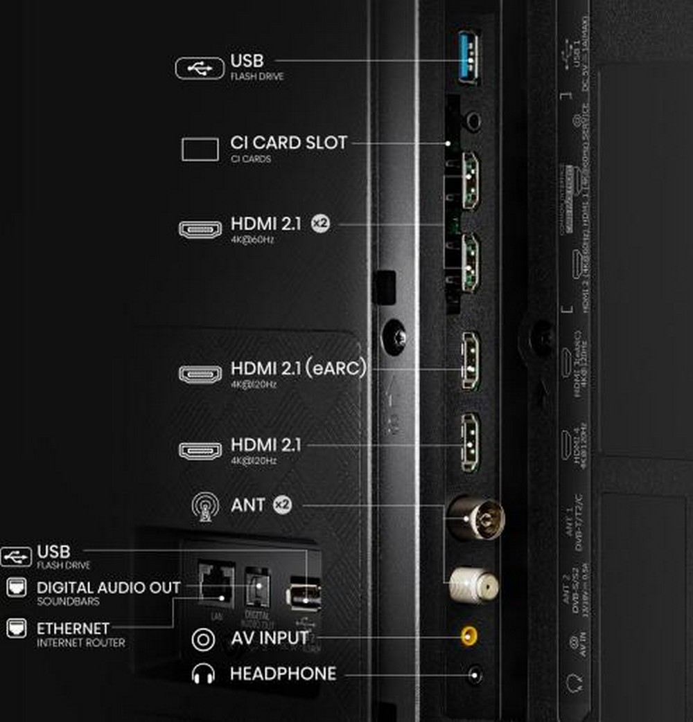 Primo piano delle porte TV: USB, HDMI, Ethernet e altri, etichettati per la connettività.