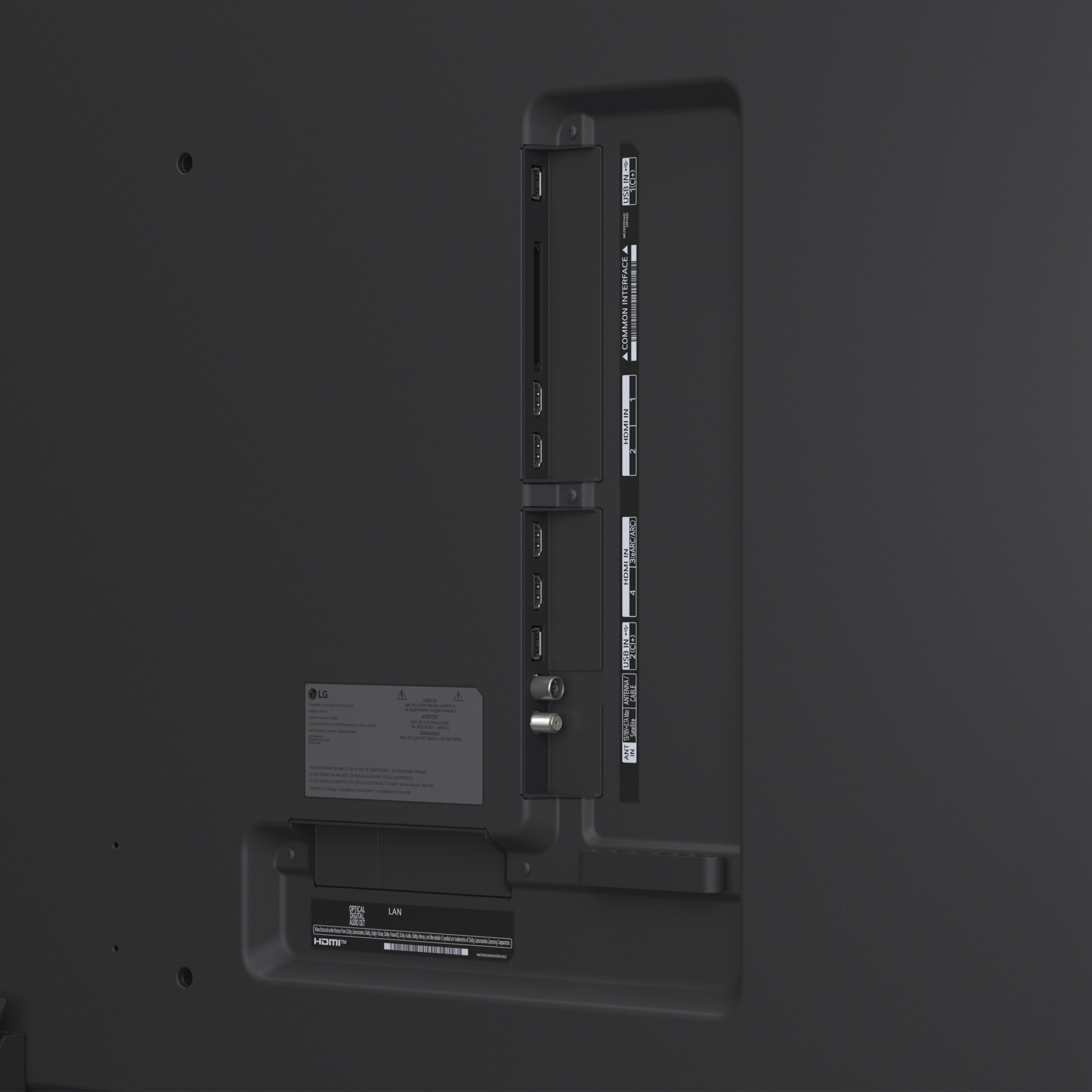 Primo piano delle porte TV. Vari tipi di connessione.