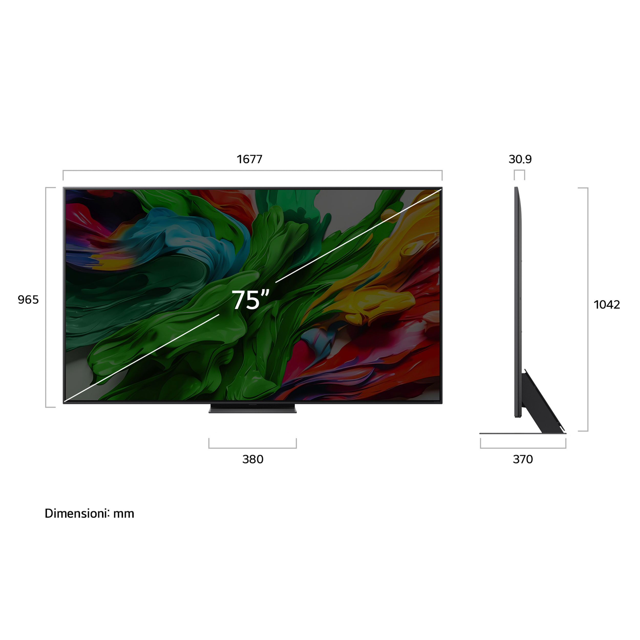 Diagramma delle dimensioni del TV, inclusi larghezza, altezza e profondità in mm.