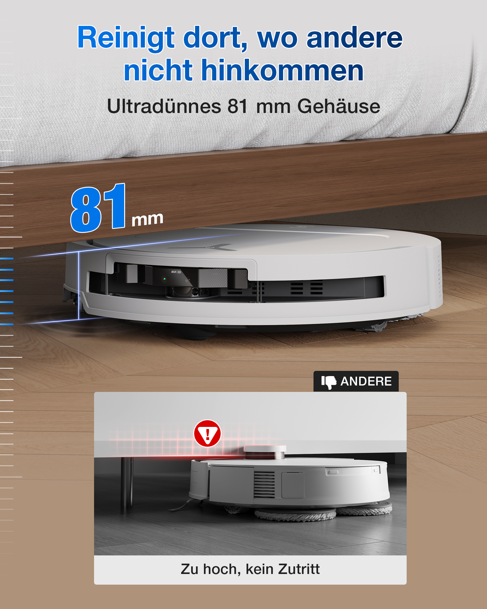 Ein Roboter-Staubsauger reinigt unter einem Bett. Der Staubsauger ist weiß und das Bett aus dunklem Holz.