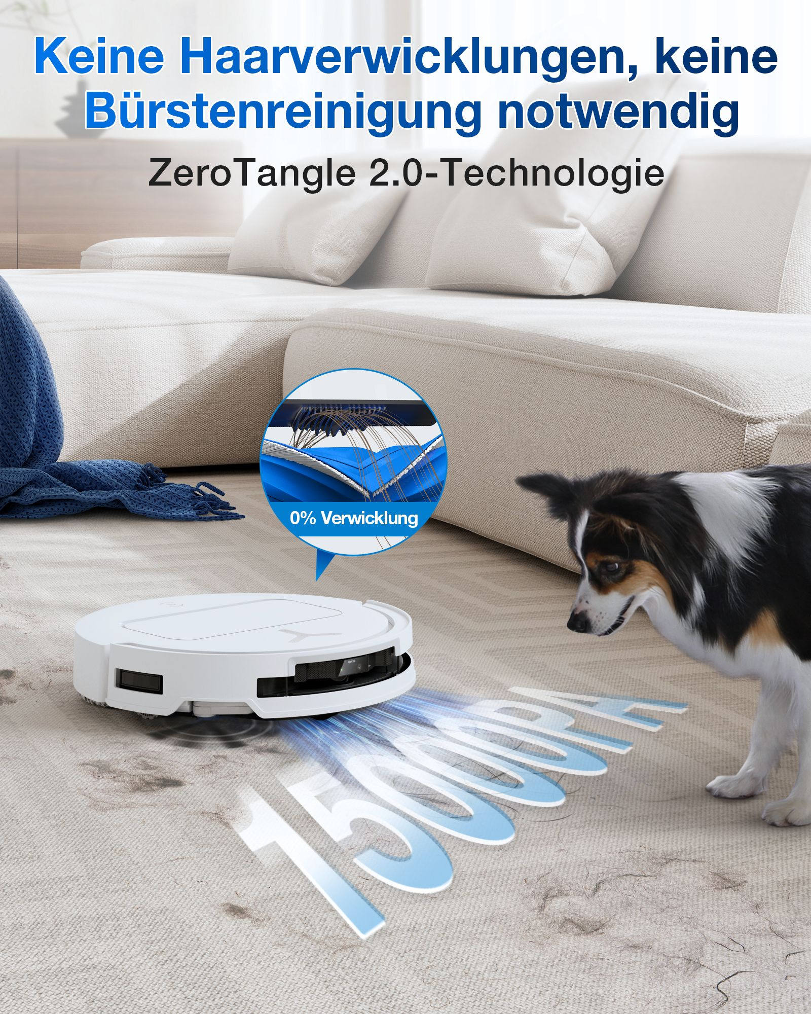 Ein Roboter-Staubsauger auf einem Teppich, mit einem Hund in der Nähe. Der Staubsauger entfernt Haare und Schmutz.