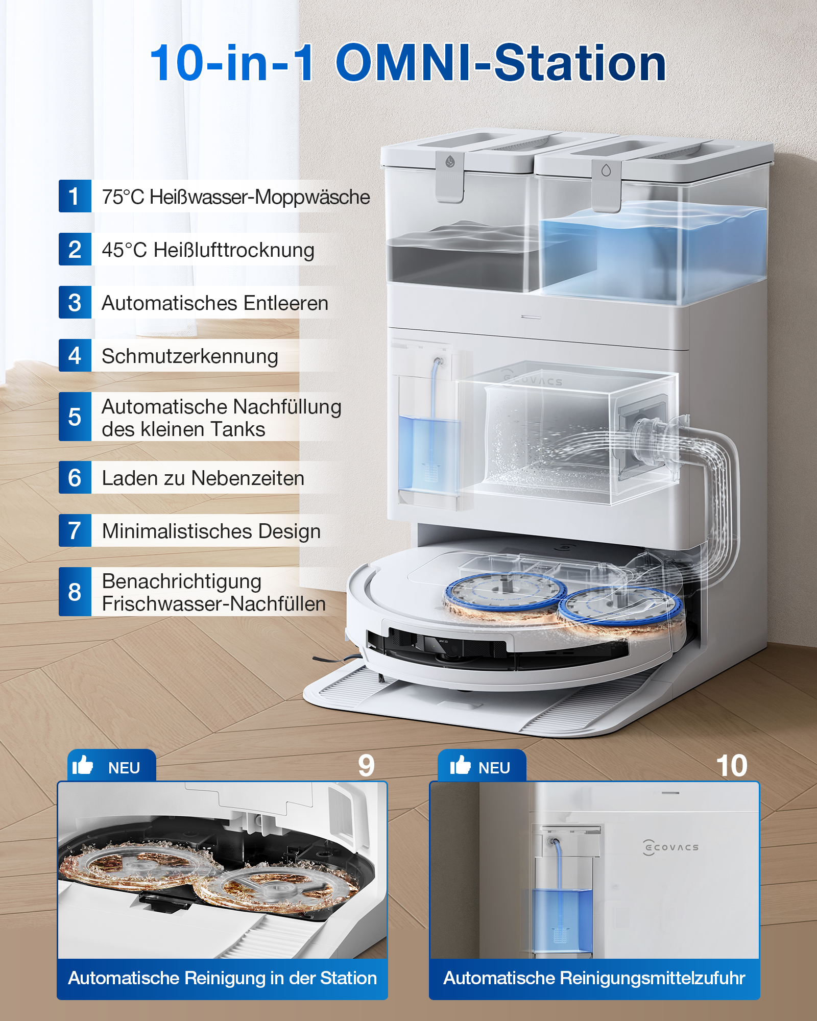 Ein Roboter-Staubsauger mit Station. Die Station hat Wassertanks und Reinigungsfunktionen. Der Staubsauger ist schwarz.