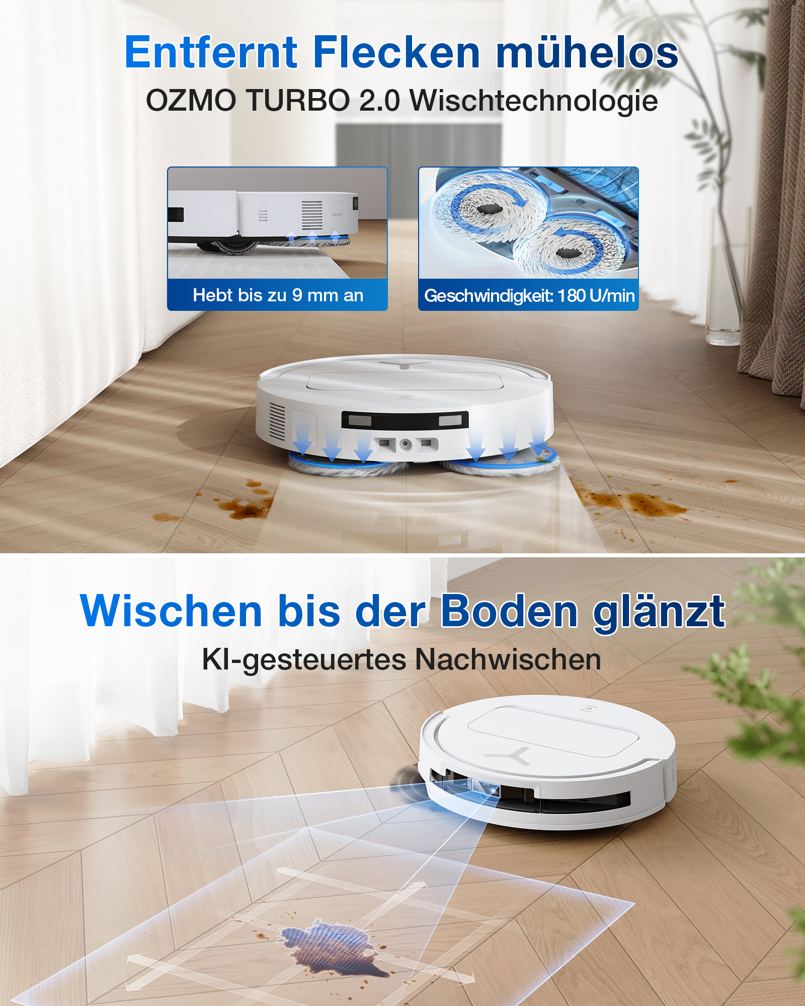 Ein Roboter-Staubsauger reinigt einen Holzboden. Das Bild zeigt, wie er sich anhebt und den Boden reinigt.