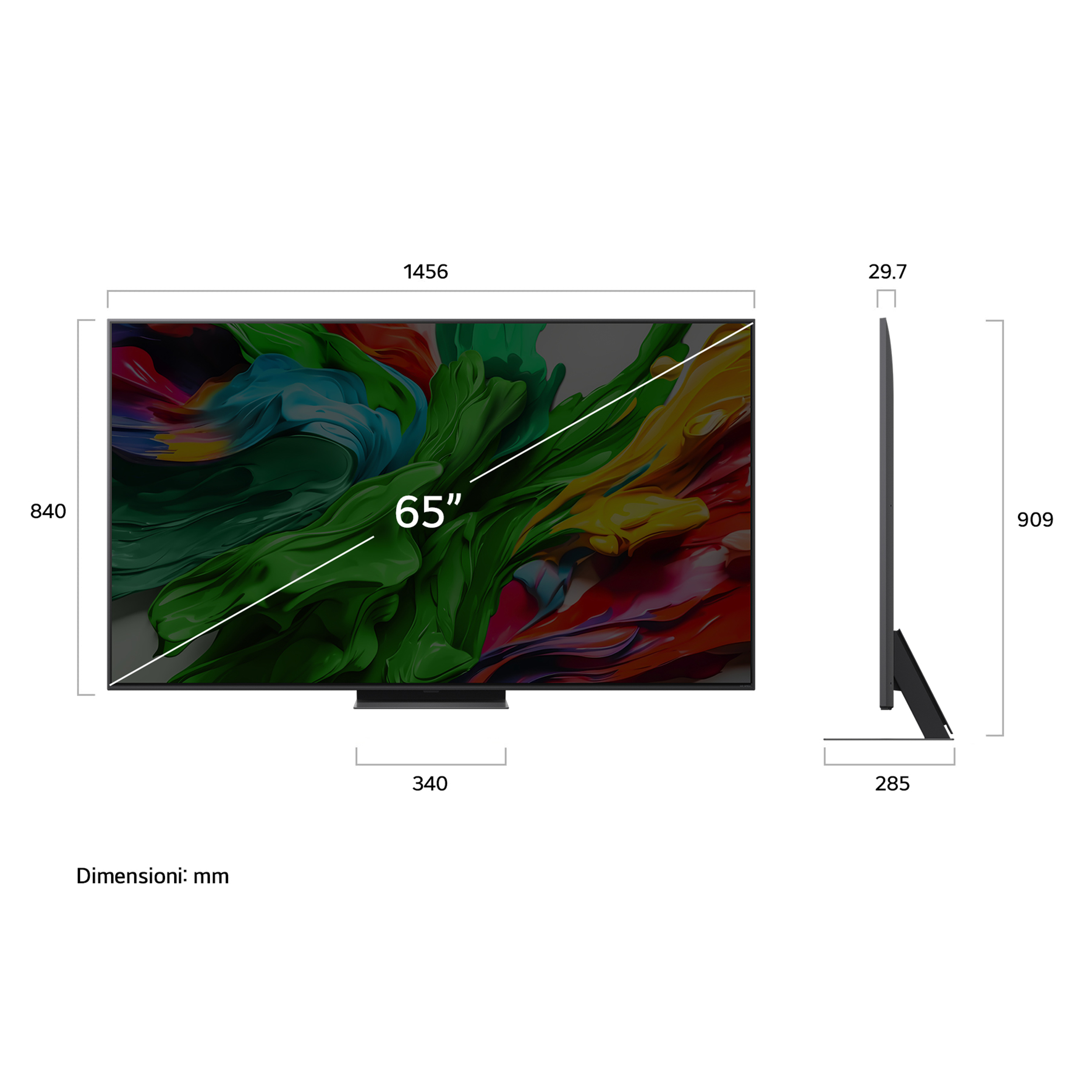 Diagramma di un TV da 65 pollici che mostra le dimensioni in mm. Un supporto nero è attaccato.
