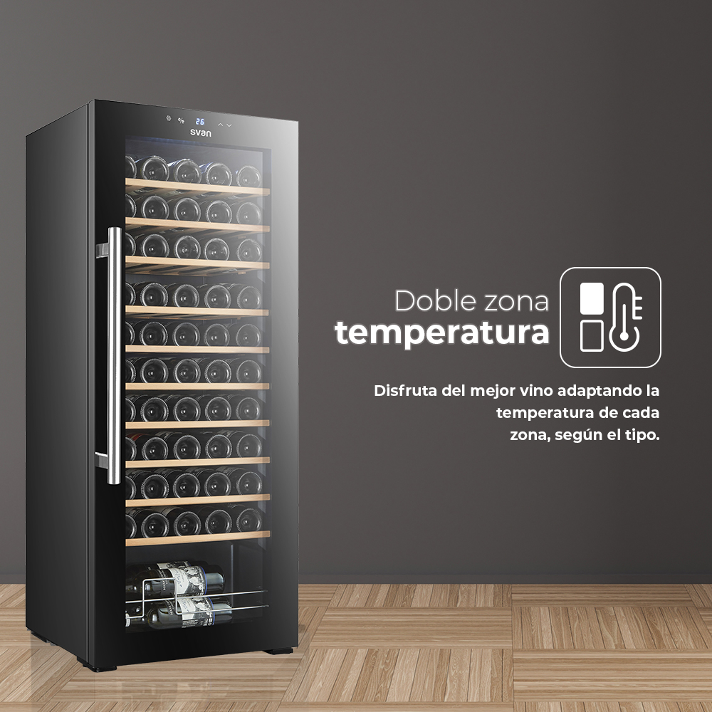 Una vinoteca muestra botellas de vino con un enfoque en su característica de zona de temperatura dual, sobre un fondo neutro.