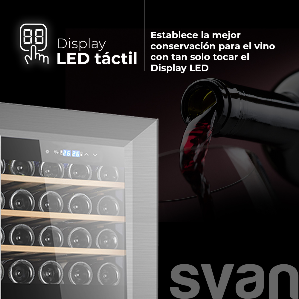 Una vinoteca con una pantalla, que destaca su función LED táctil, junto a una botella que sirve vino tinto, con el logotipo de Svan.