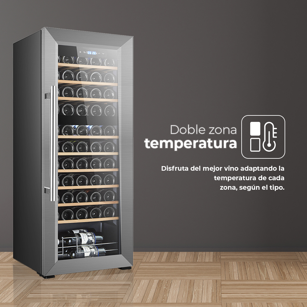 Enfriador de vino con muchas botellas y texto sobre la temperatura de doble zona.