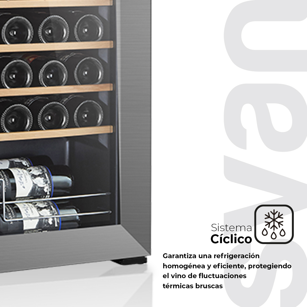 Primer plano de un enfriador de vino con botellas, texto sobre el sistema cíclico.