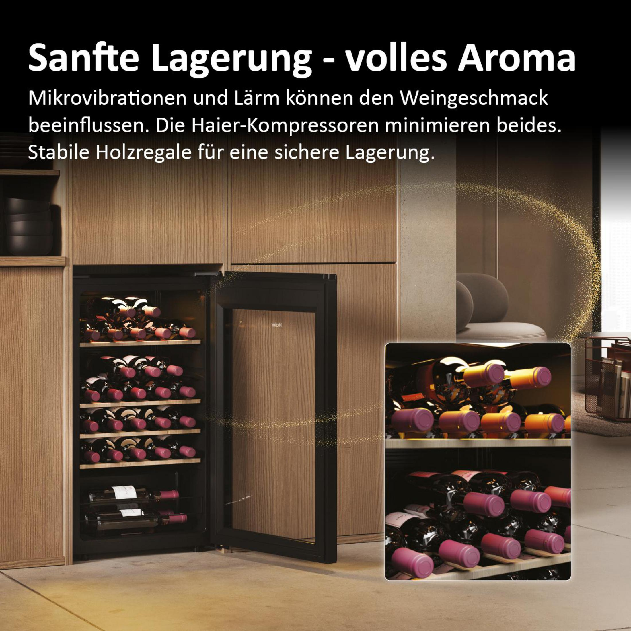 Une photo présentant un refroidisseur de vin Haier avec des bouteilles de vin à l'intérieur, ainsi que du texte.
