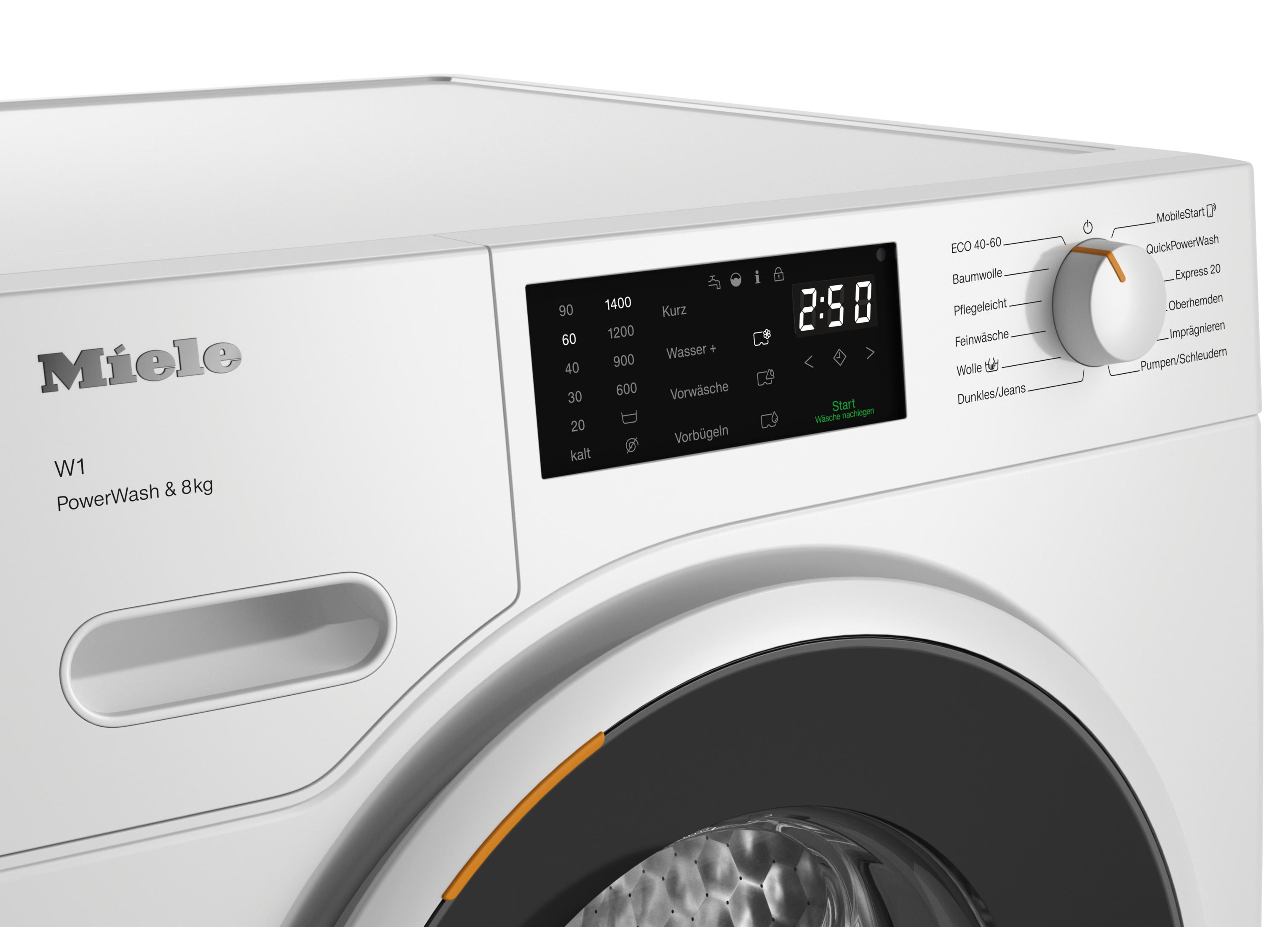 Nahaufnahme des Bedienfelds einer Miele Waschmaschine mit Digitalanzeige. Der Hintergrund ist weiß.