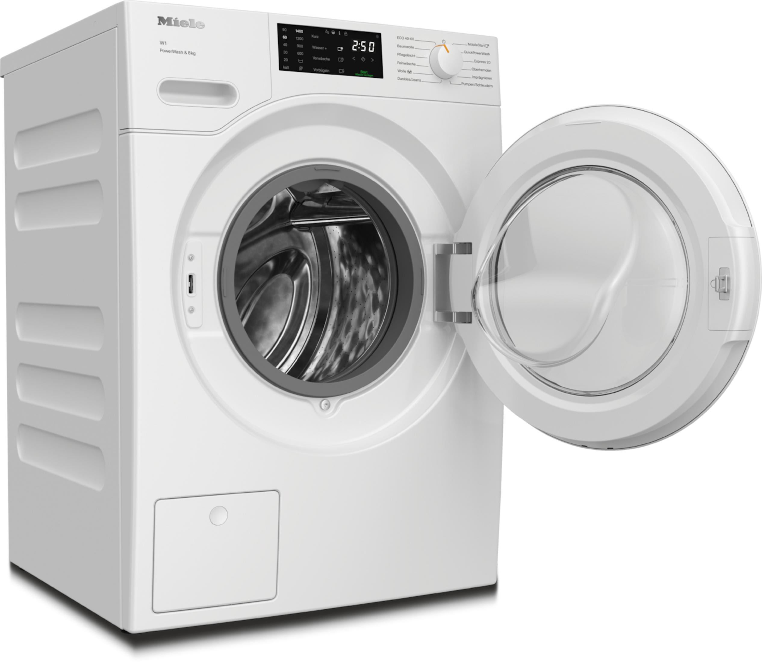 Eine weiße Miele Waschmaschine mit geöffneter Tür. Der Hintergrund ist schlicht weiß.