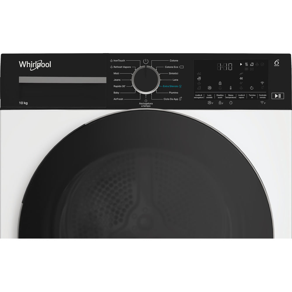 Primo piano del pannello di controllo nero di un'asciugatrice Whirlpool, con varie opzioni di programma.