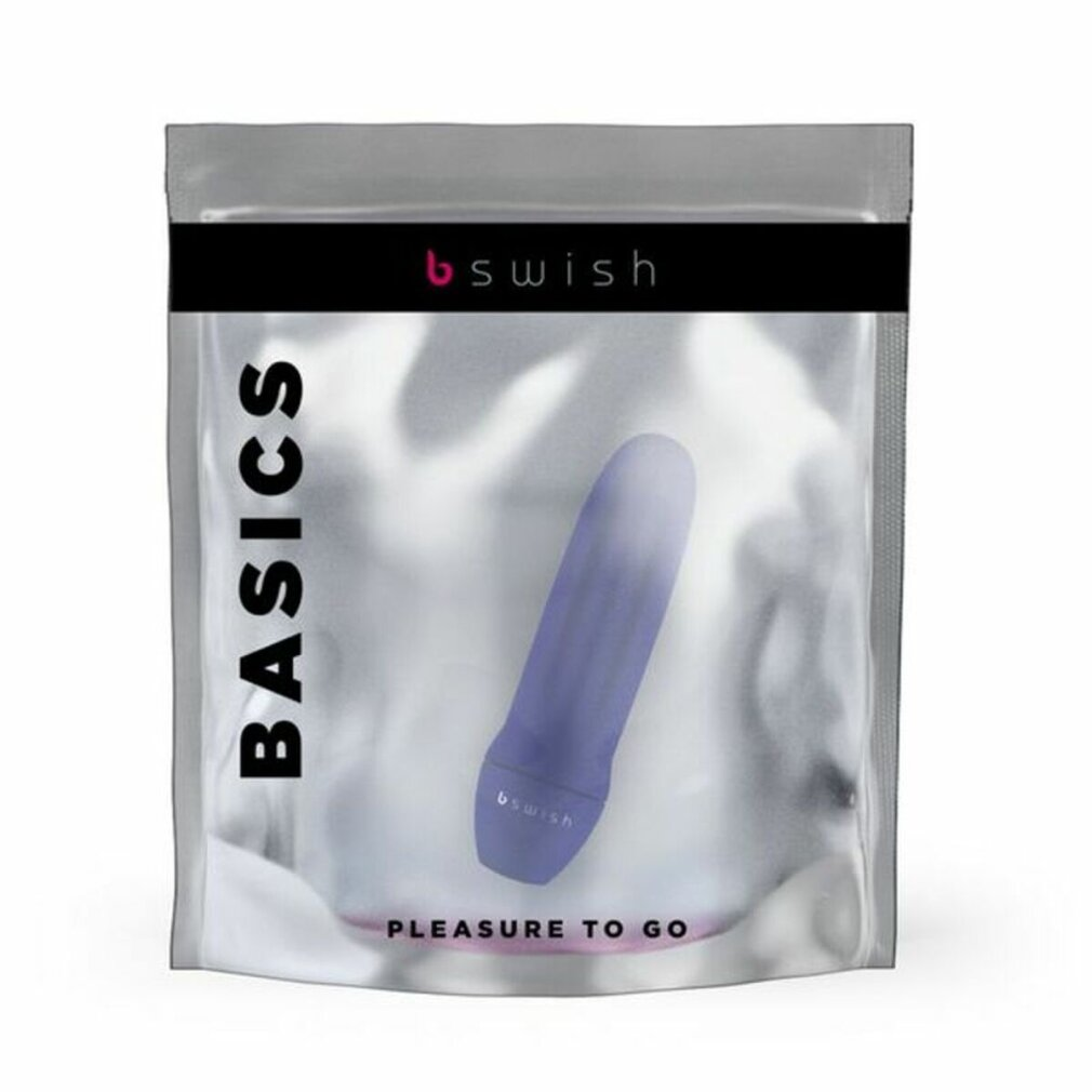 Un vibrador en un paquete plateado con las palabras "BASICS" y "PLEASURE TO GO" en la parte delantera.