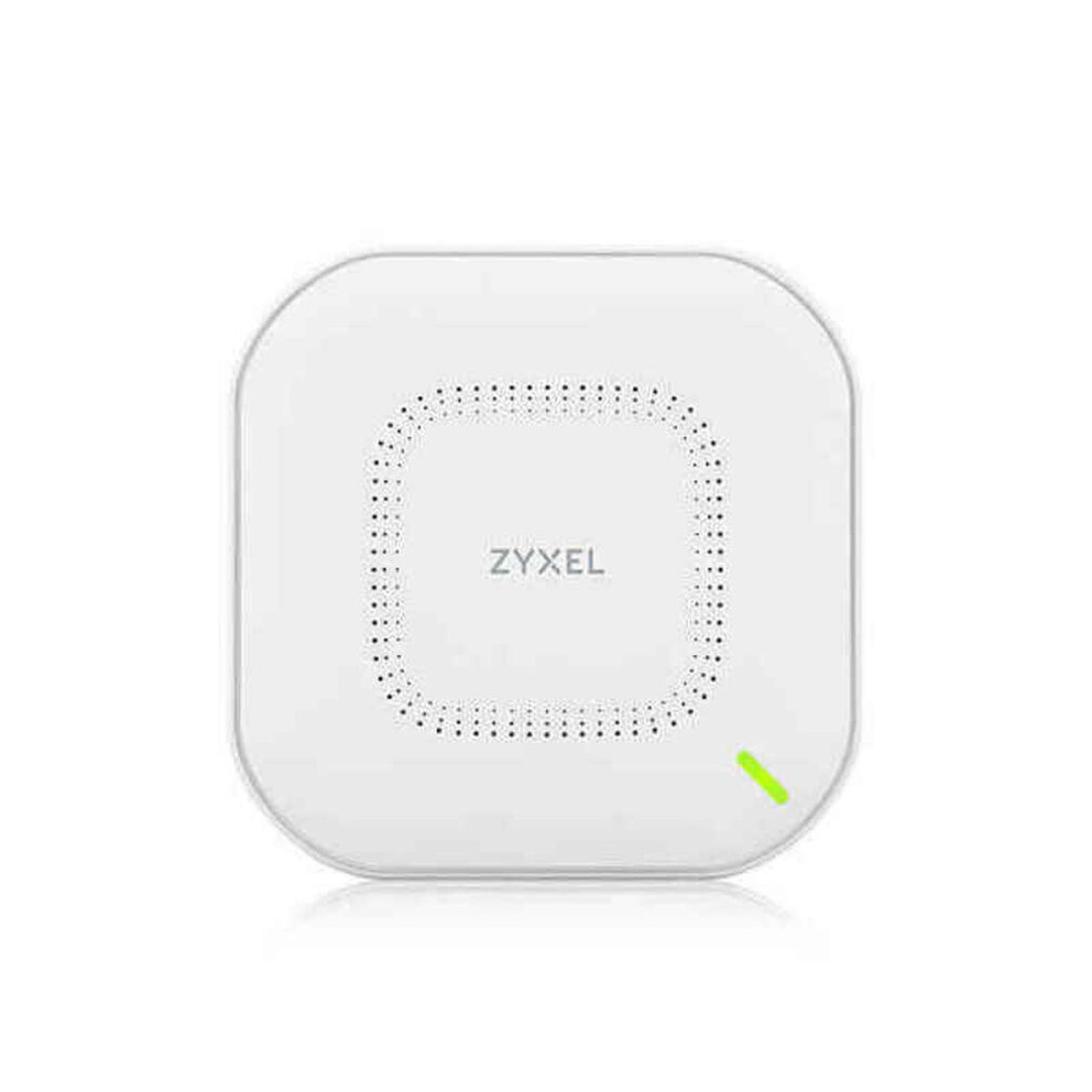 Un access point wireless Zyxel bianco. Quadrato, con una luce verde.
