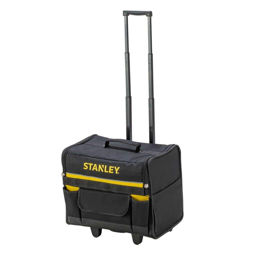 Borsa portautensili Stanley con ruote. Nera con dettagli gialli, manico esteso.
