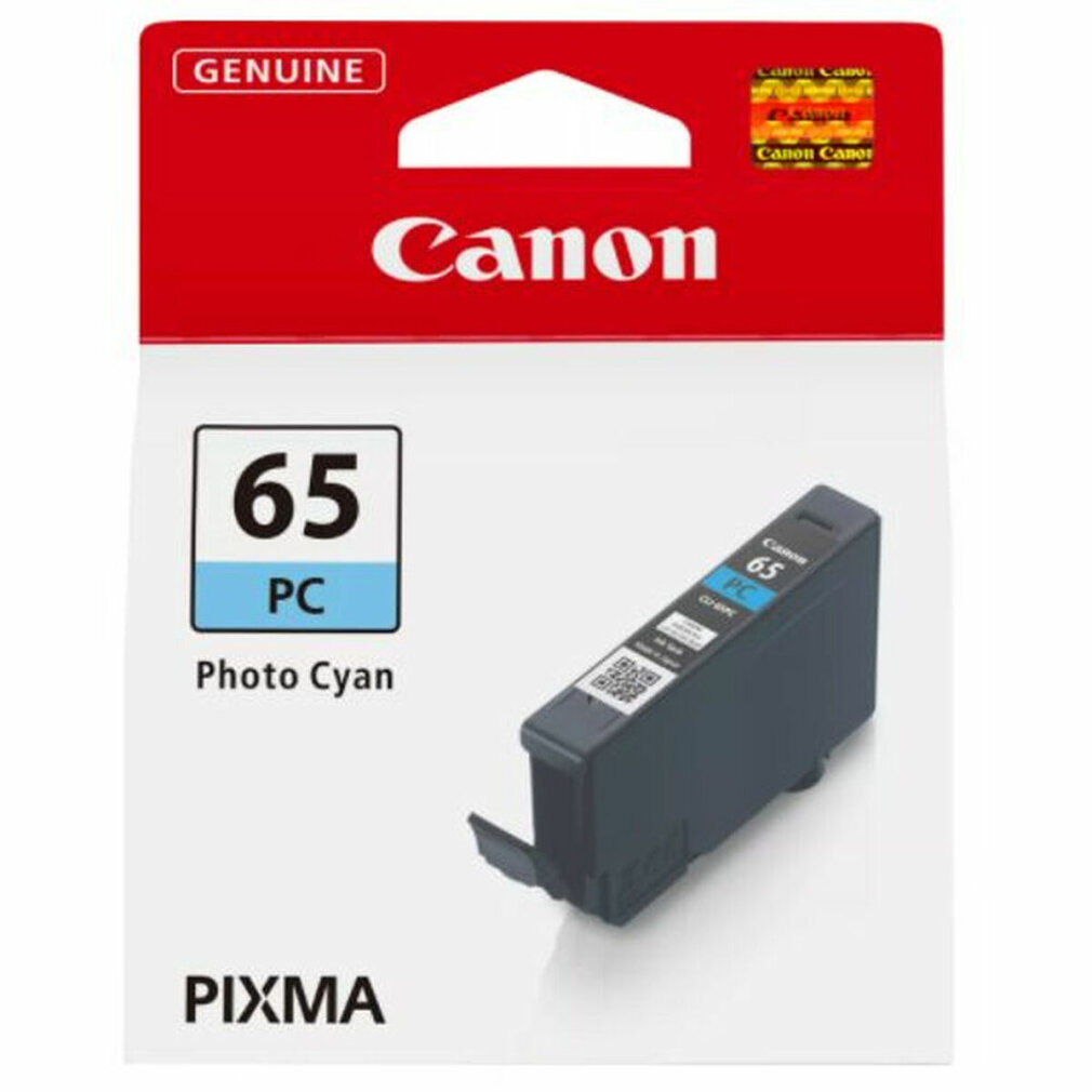 Wkład atramentowy Canon 65 PC photo cyan. Czerwone opakowanie, białe logo Canon.