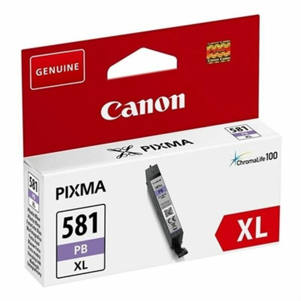 Canon Pixma 581XL inktcartridge in een rood-witte doos. De cartridge is zwart en heeft een paars label.