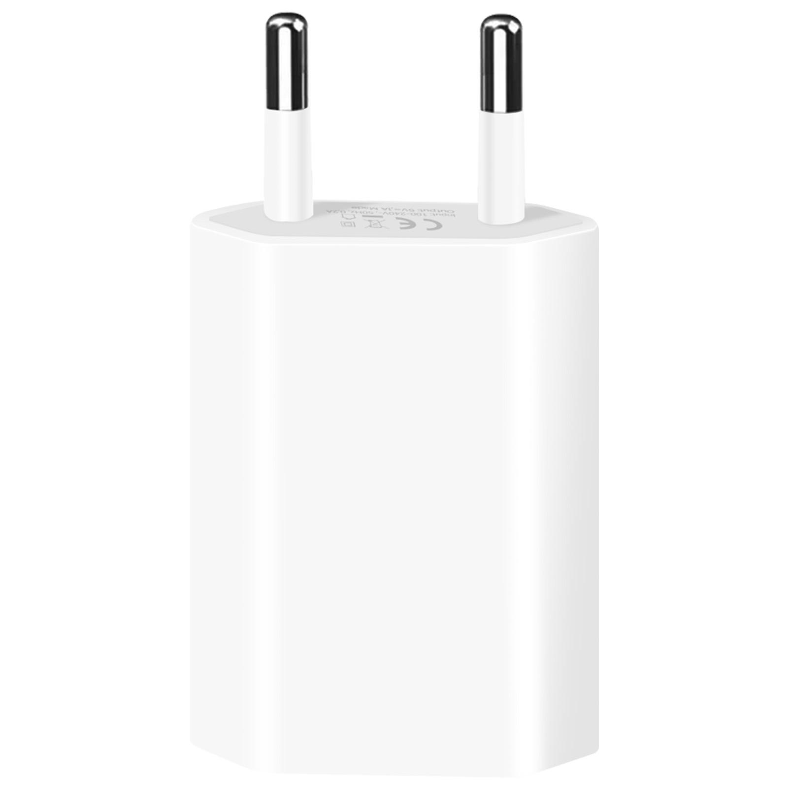 Caricabatterie bianco con due pin argentati. Il caricabatterie ha un design bianco semplice. I pin sono in alto.