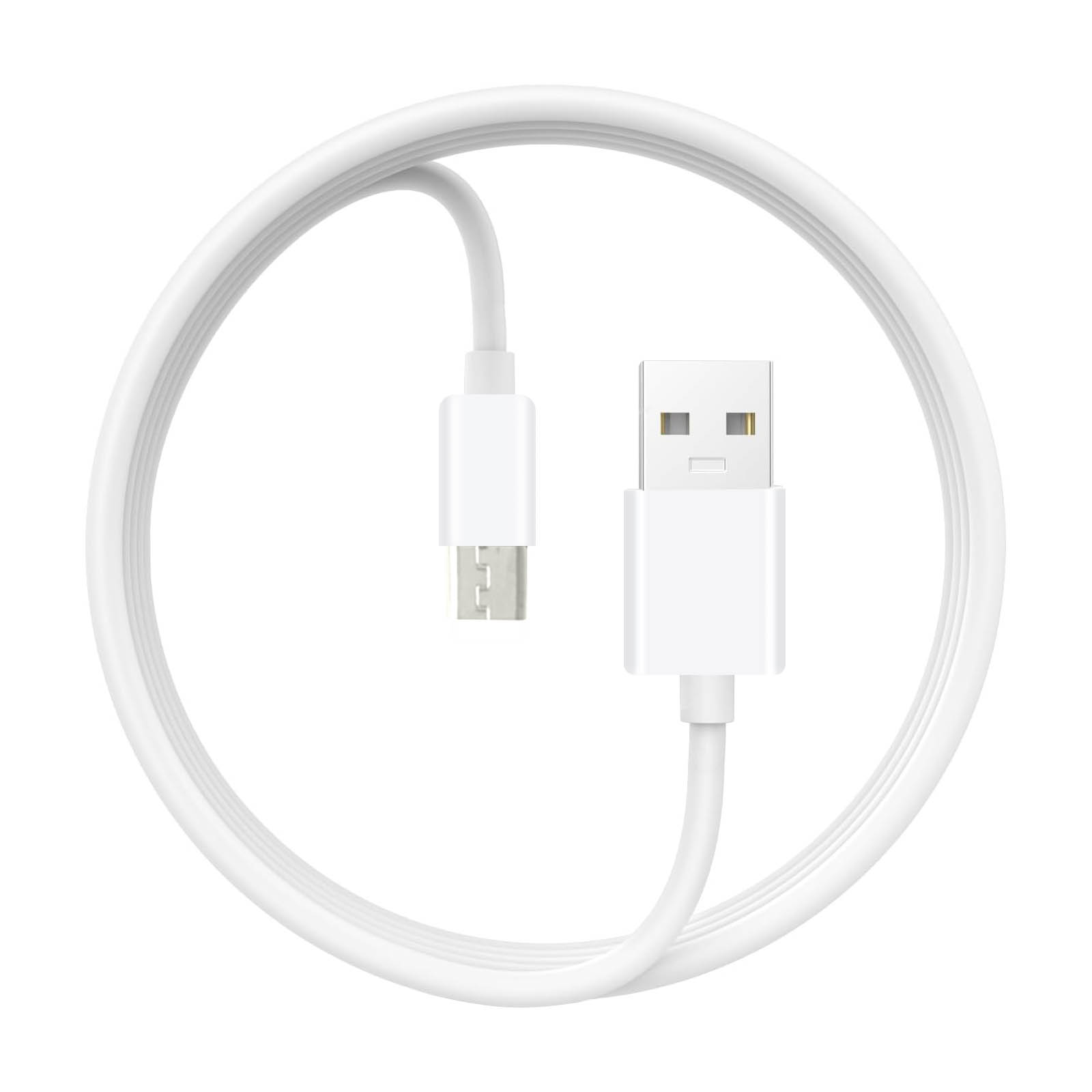 Cavo USB bianco con connettori USB e Micro USB, arrotolato su sfondo bianco.