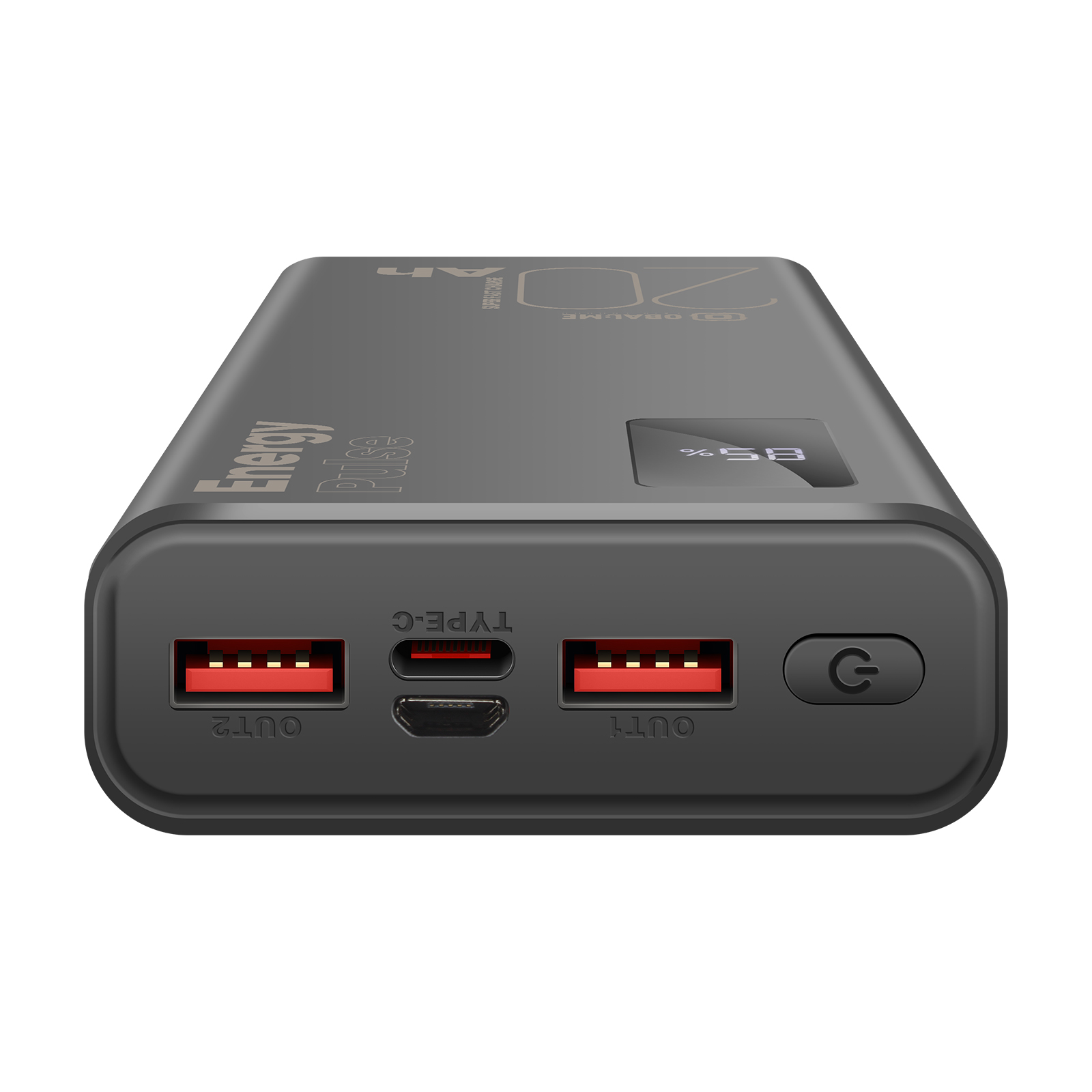 Schwarze Powerbank mit Ausgangsanschlüssen und einer Digitalanzeige, die 85 % anzeigt. Sie hat eine Einschalttaste.