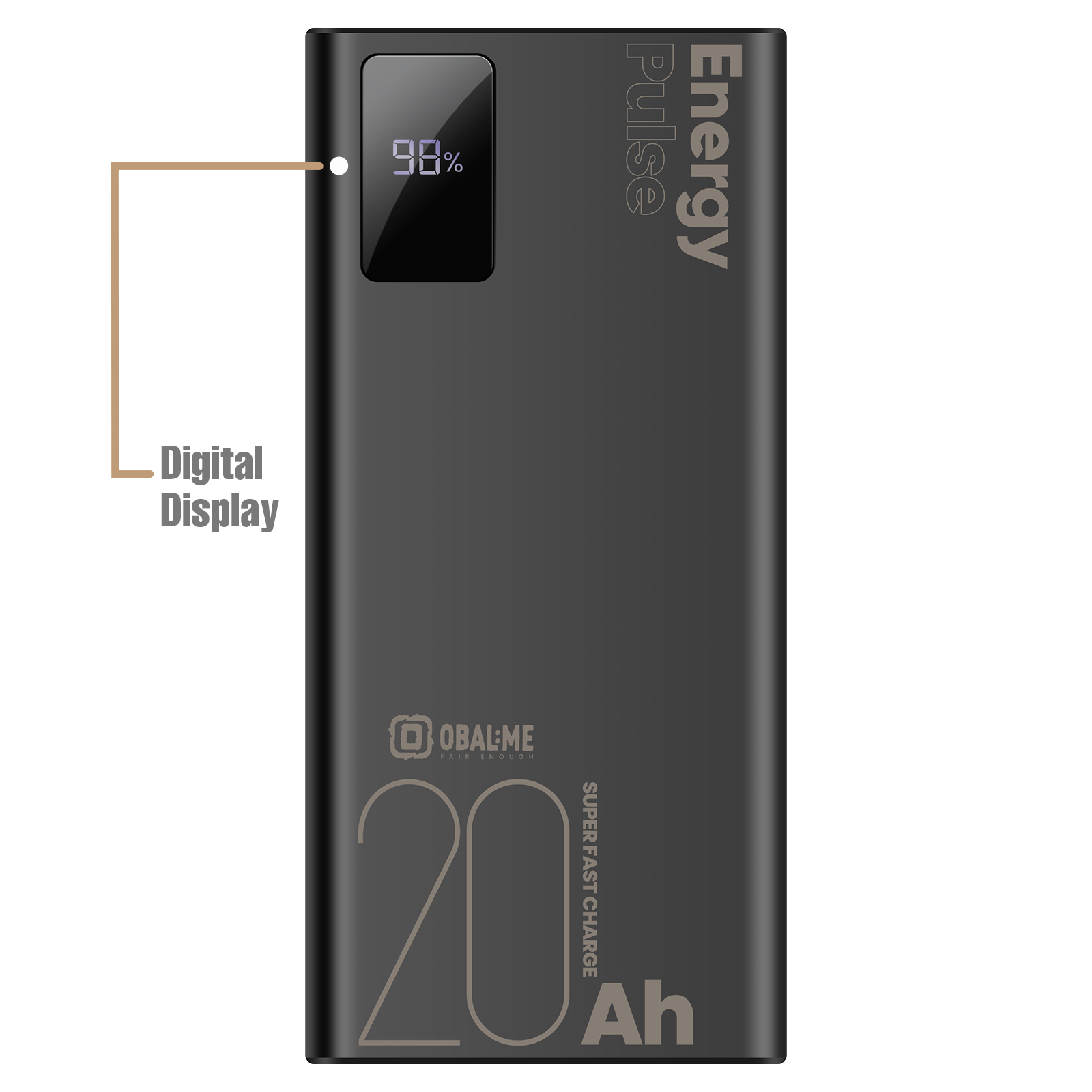 Schwarze Powerbank mit Digitalanzeige, die 98 % anzeigt. Text auf der Seite lautet 20Ah.