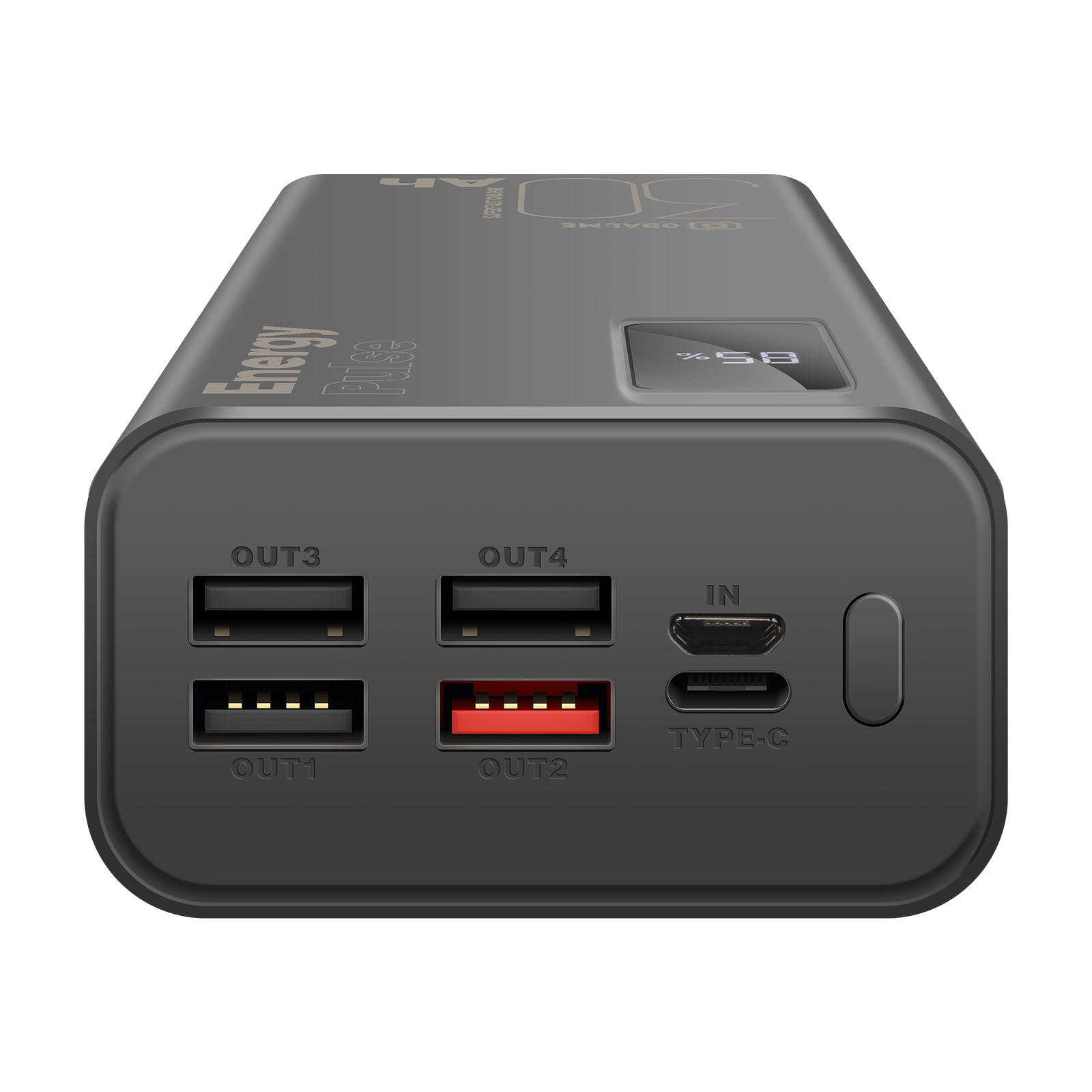 Vue de dessus d'une batterie externe noire avec ports USB et un écran affichant 58 %.