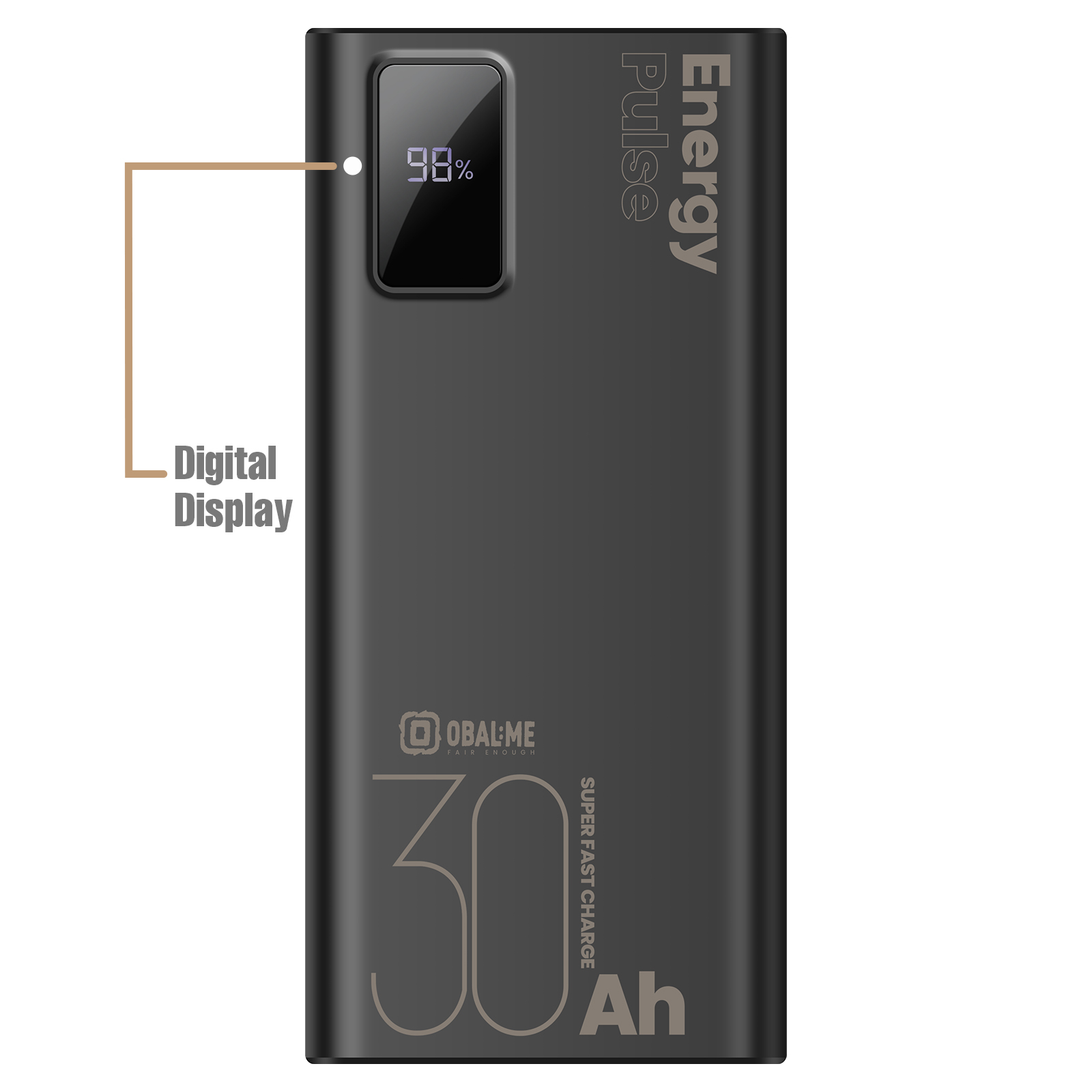 Une batterie externe noire avec un affichage numérique indiquant 98% et l'étiquette '30 Ah'.