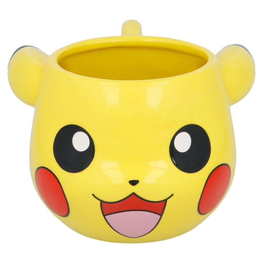 Pikachu-Tasse, gelb mit schwarzen Ohren, roten Wangen und einem lächelnden roten Mund.