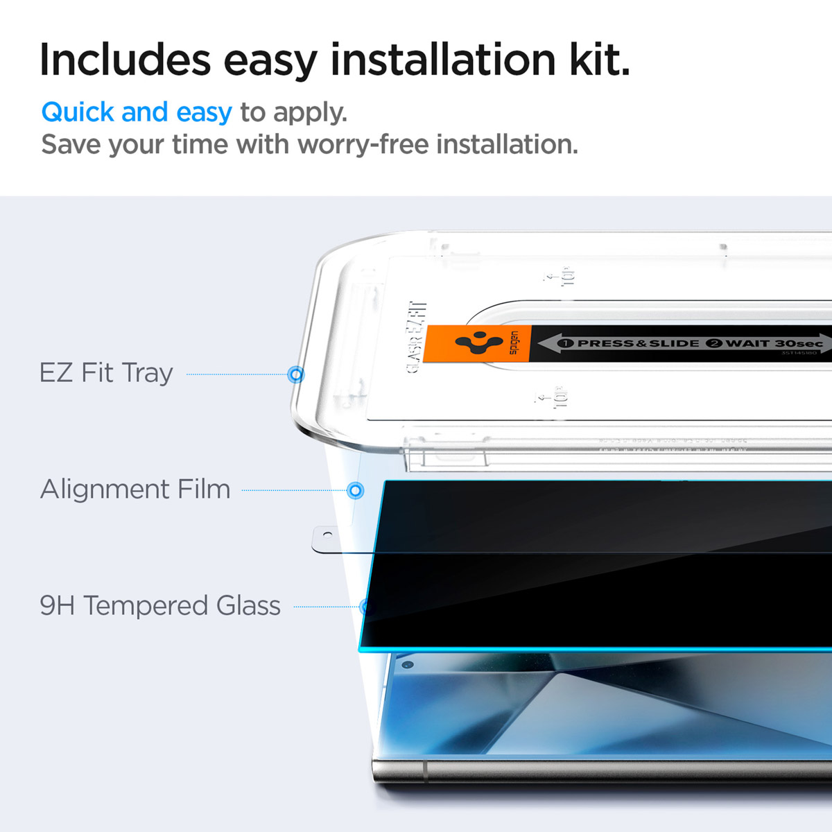 Zestaw ochronny ekranu Spigen z łatwym zestawem instalacyjnym z tekstem: Zawiera łatwy zestaw instalacyjny. Szybki i łatwy w aplikacji.