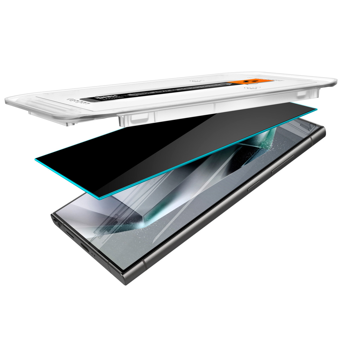 Widok ekranu ochronnego i telefonu w rozstrzale. Pokazuje tackę, ochraniacz i czarny telefon.