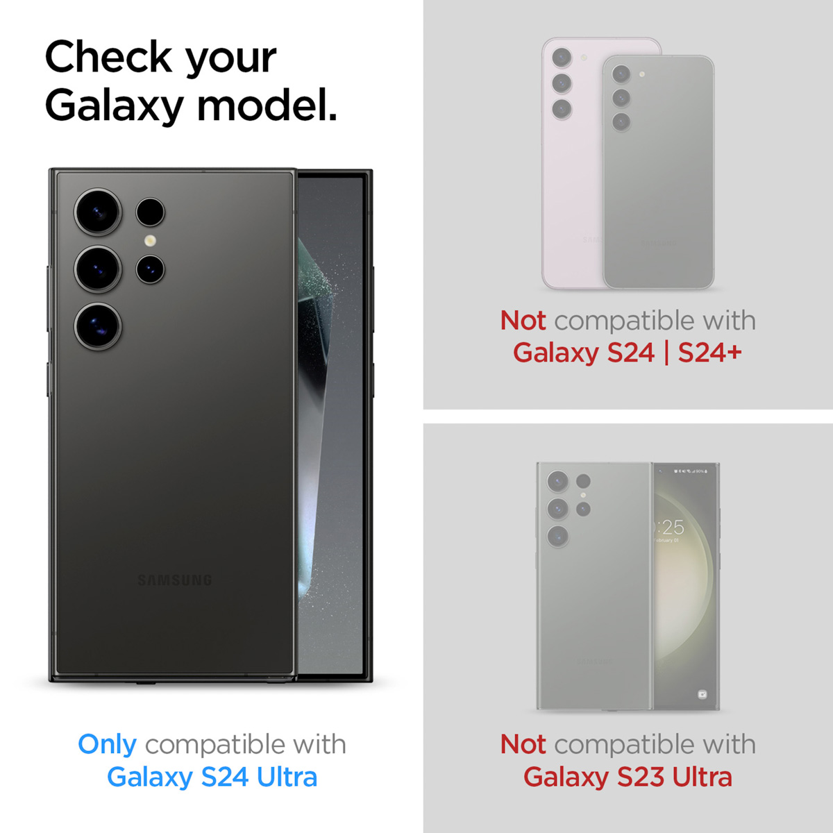 Porównanie telefonów. Samsung Galaxy S24 Ultra. Pokazuje kompatybilność dla S24 Ultra i brak kompatybilności dla S24/S23.