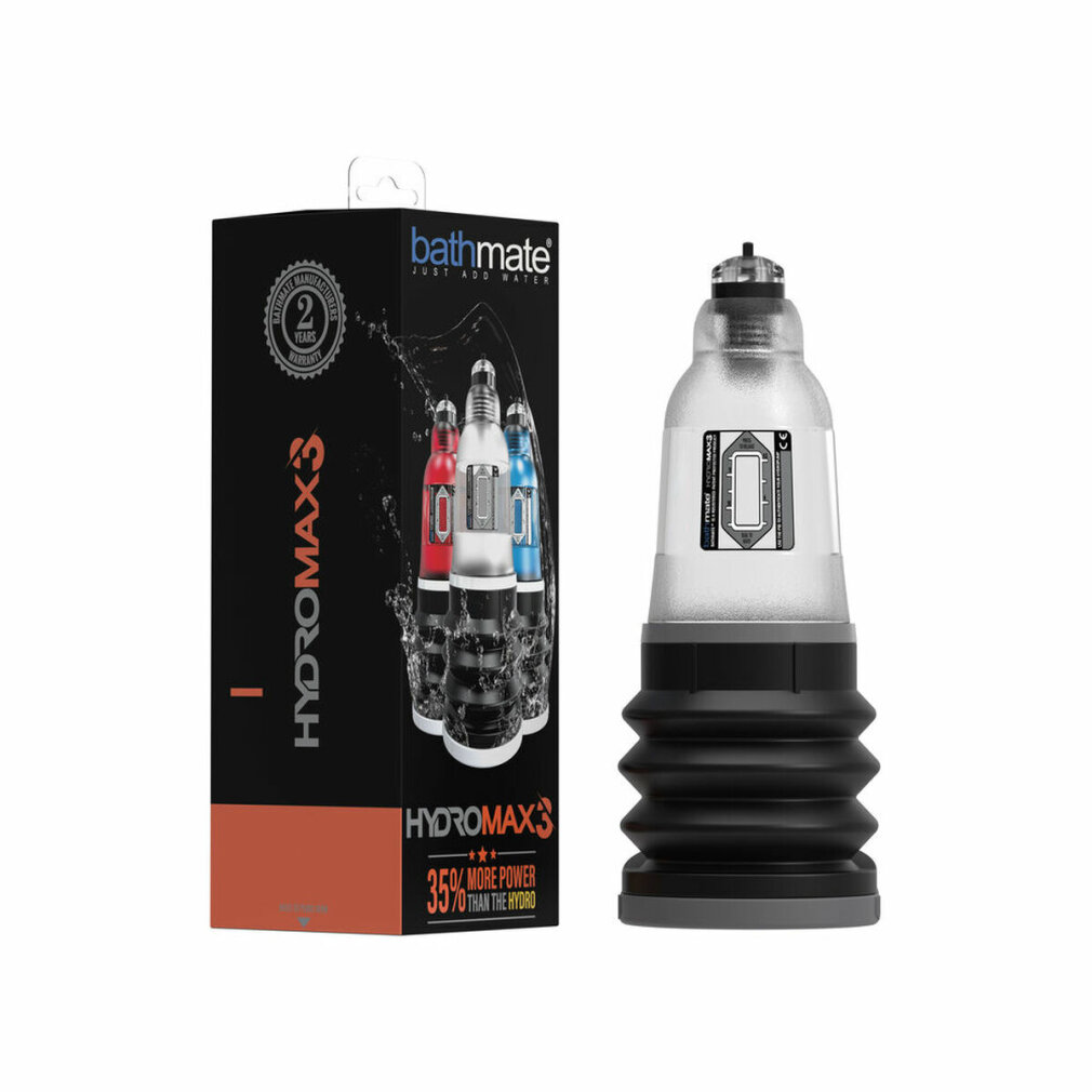 Producto Hydromax3. Muestra una caja con una botella y una bomba. La botella es transparente.