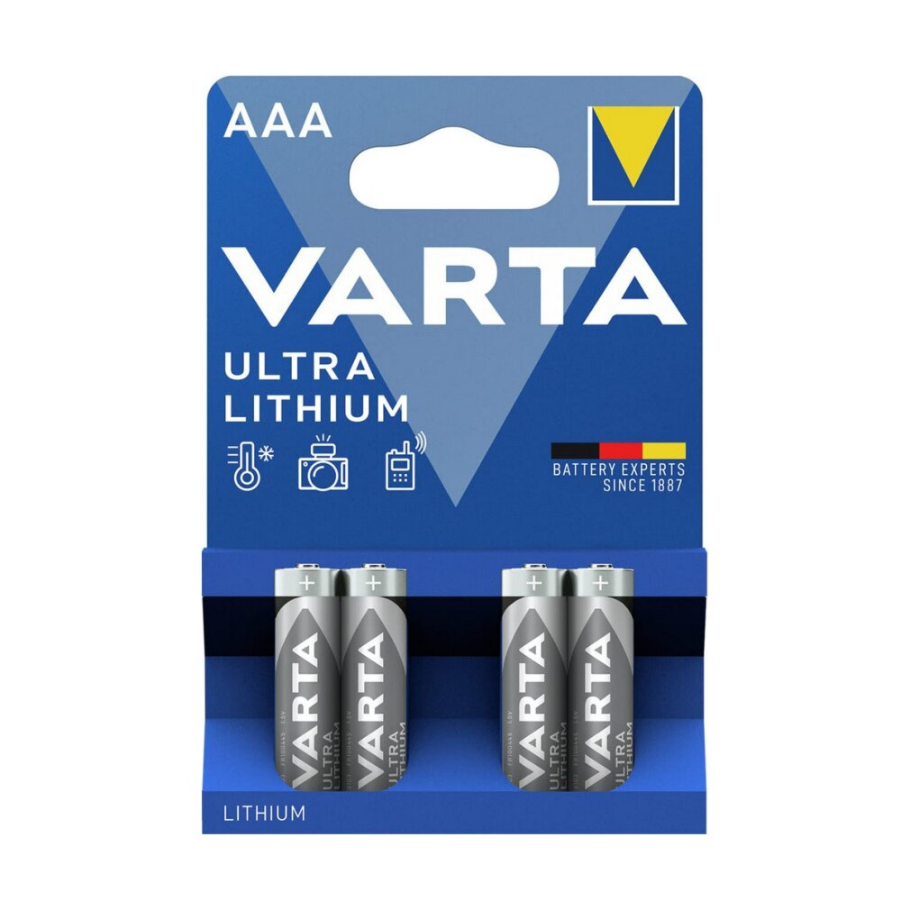 Varta Ultra Lithium AAA batteries. Pack of four in a blue and white package.