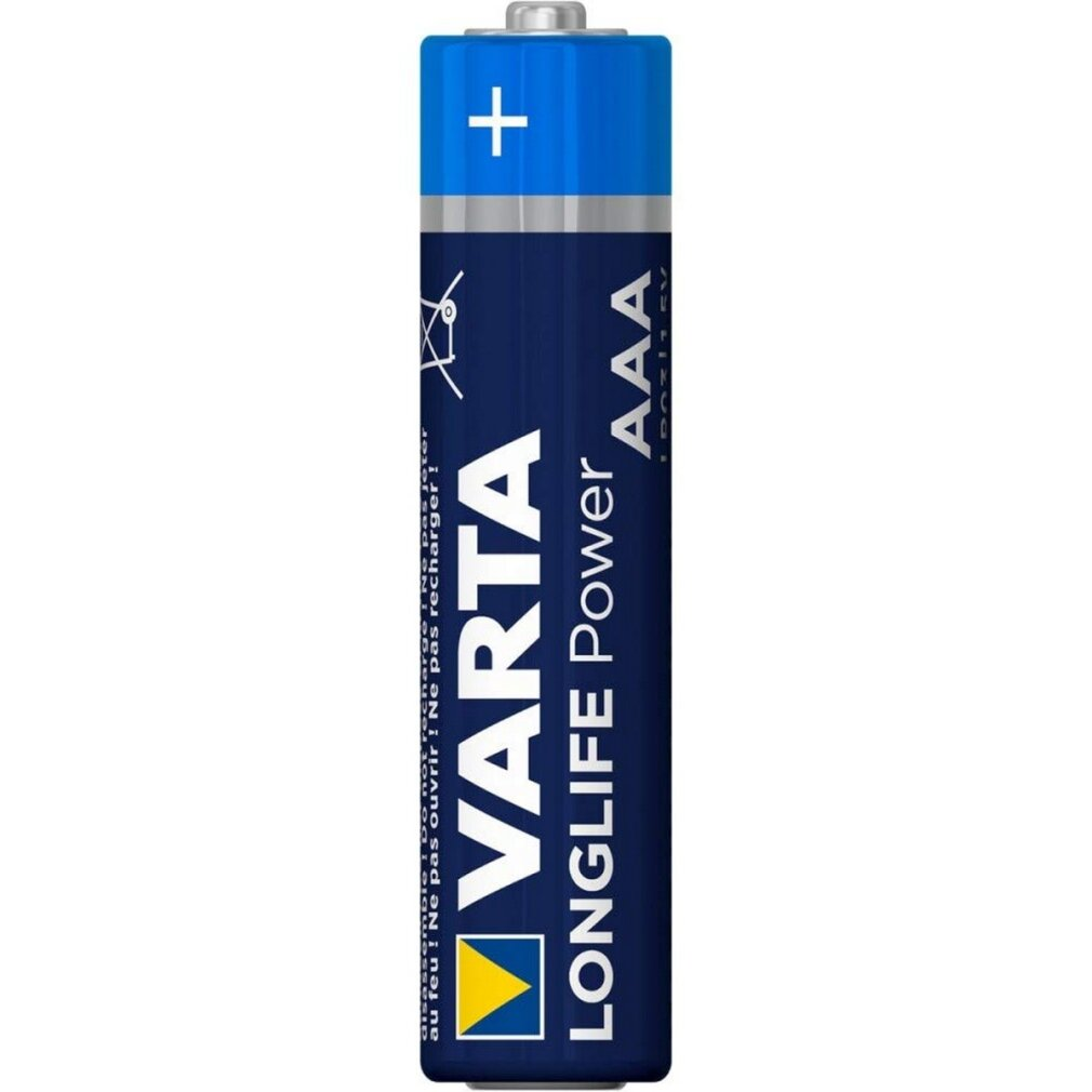 Single Varta Longlife Power AAA battery. Blue and white with a plus sign on top.