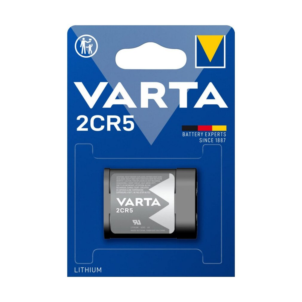 Varta 2CR5 battery pack. Battery is dark gray. The package is blue and white.