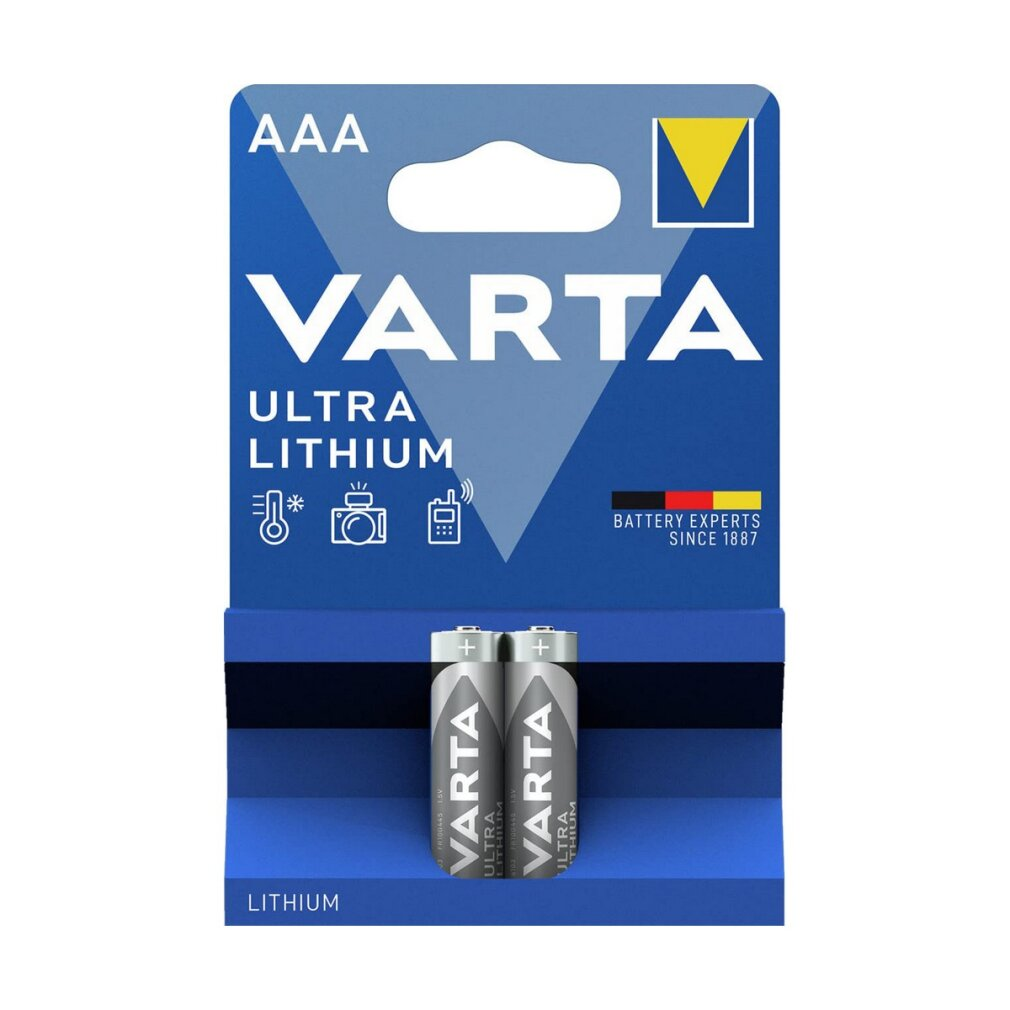 Varta Ultra Lithium AAA batteries. Pack of four in a blue and white package.
